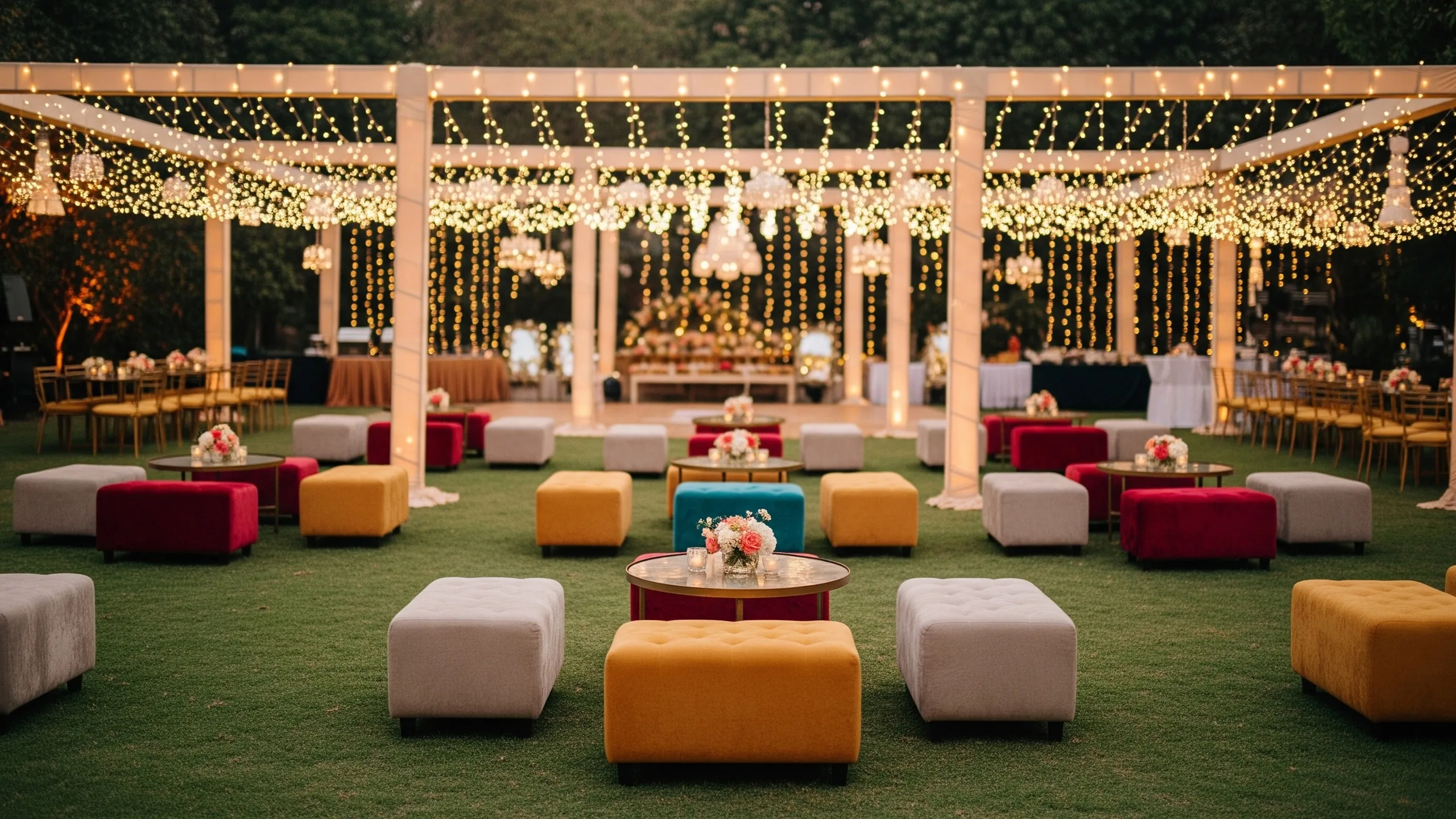 A guest-ready sangeet lounge and open dance floor after setup, low seating clusters, cocktail tables, fairy lights, floral installations, dinner counters softly blurred in the background, styled view