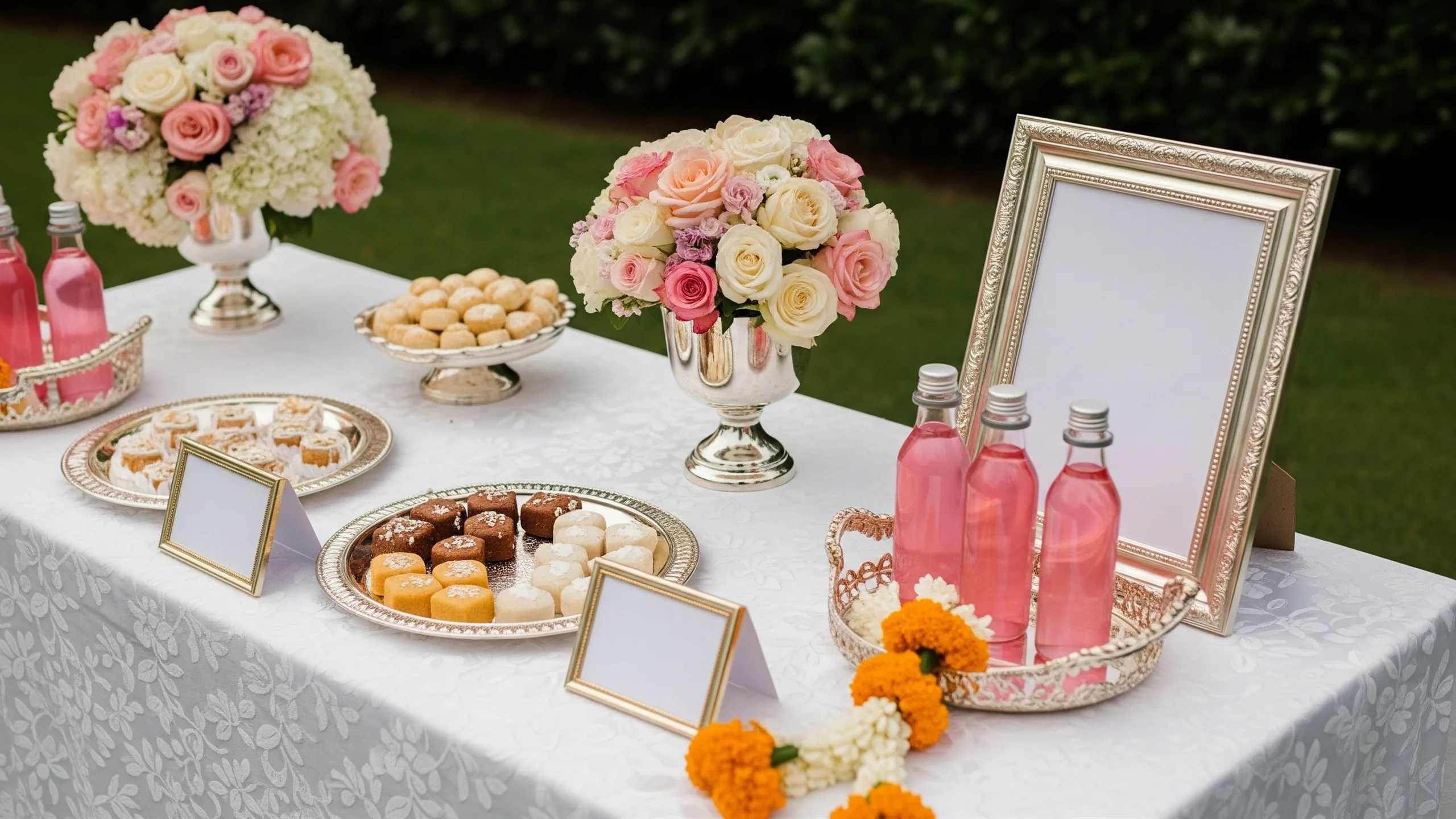 An elegant mehndi favor and refreshments station with silver trays, small sweets, rosewater bottles with blank surfaces, floral garlands and premium linens, bright garden light, no readable text, styled view