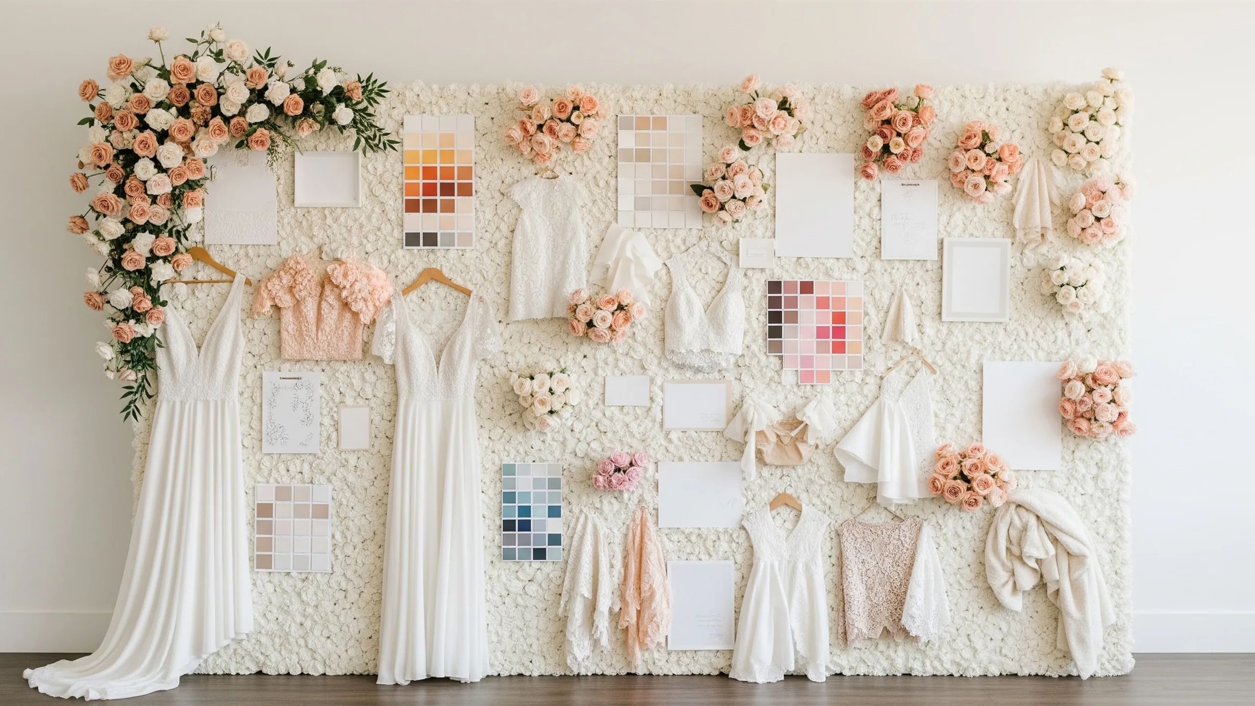 A curated vendor moodboard wall made only of fabric, flowers, blank color swatches and decor samples, premium studio lighting, no writing, no numbers, styled view