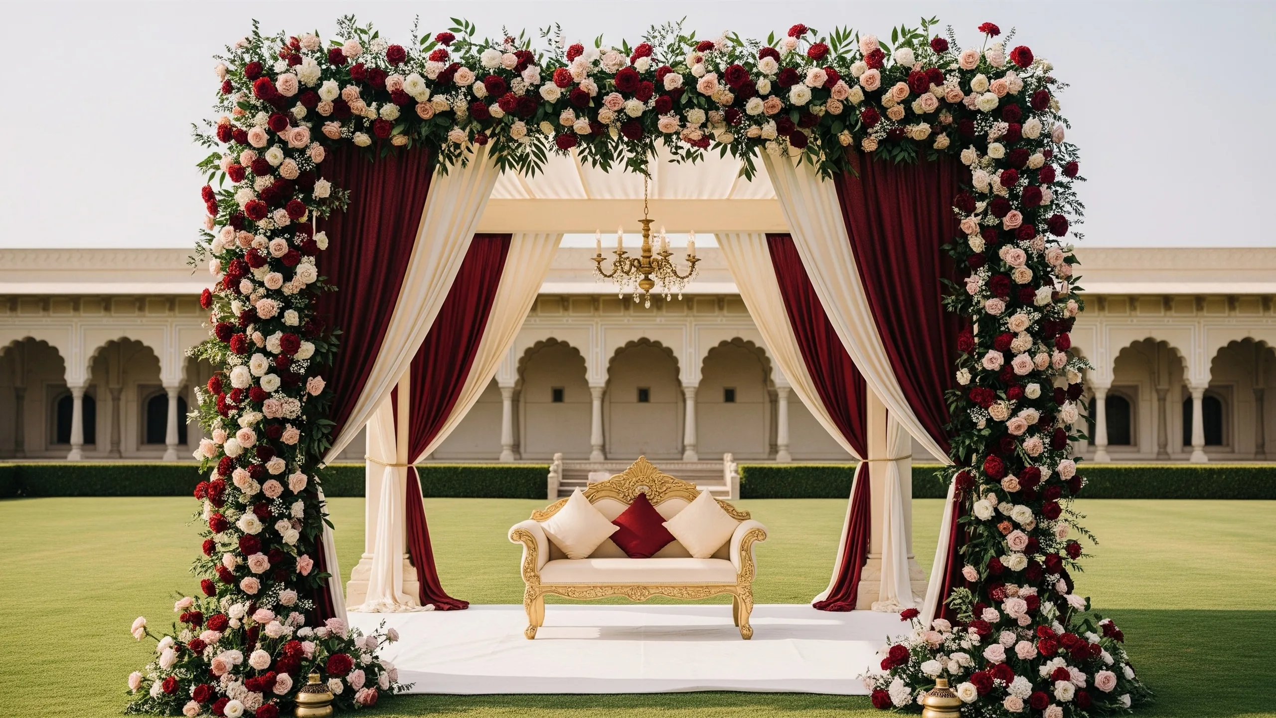 A refined small mandap with lush florals, brass details, ivory and maroon drapes, close seating and palace garden architecture, close-up detail