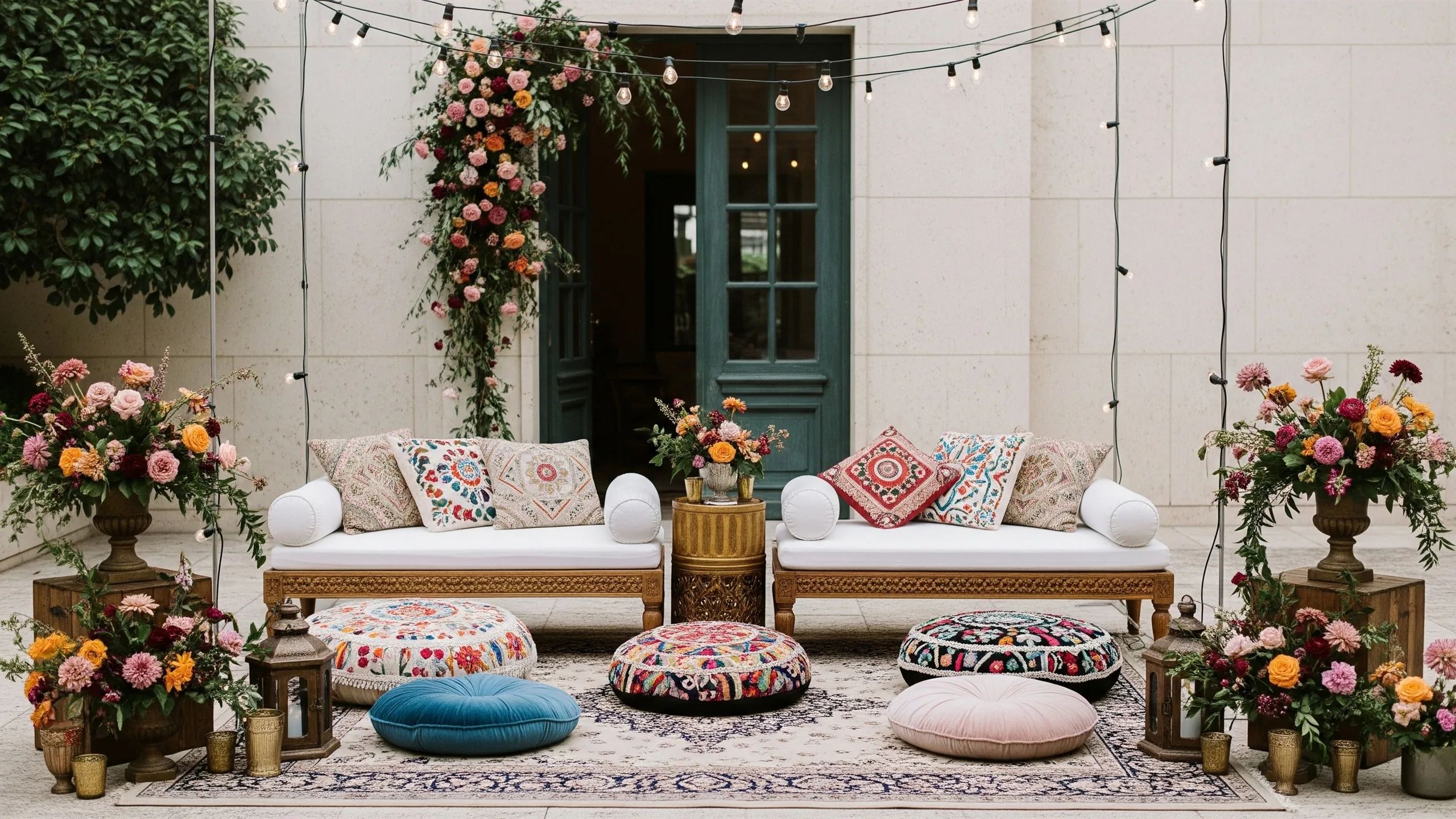 A boutique courtyard wedding lounge with low seating, embroidered cushions, floral urns and warm string lights, beautiful rich styling, no signage, styled view