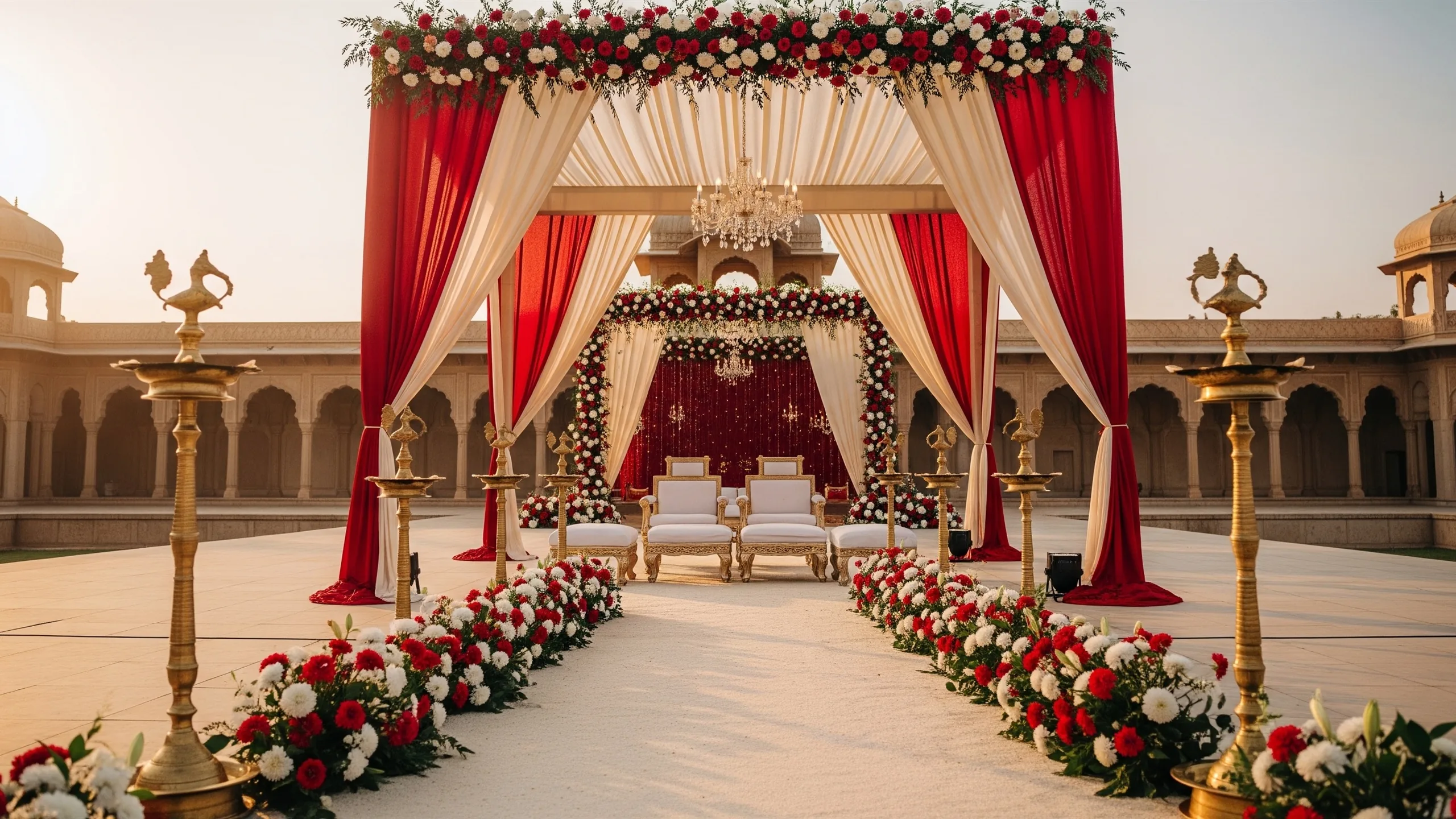 An opulent wedding ceremony mandap at sunset with floral aisle, brass lamps, rich red and ivory draping and palace architecture, styled view