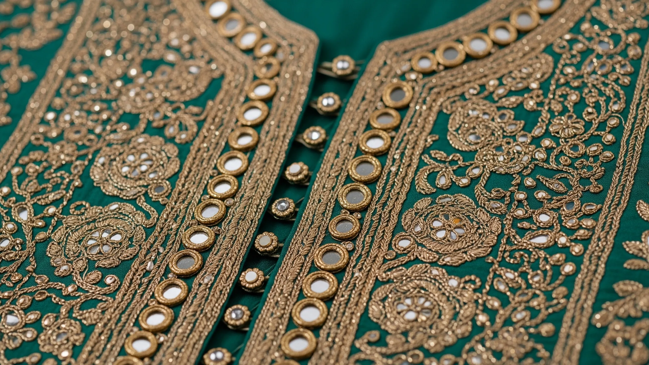 A close luxury fabric detail of embroidered silk, brocade, mirror work, kundan buttons and rich dupattas layered tastefully, no labels, close-up detail
