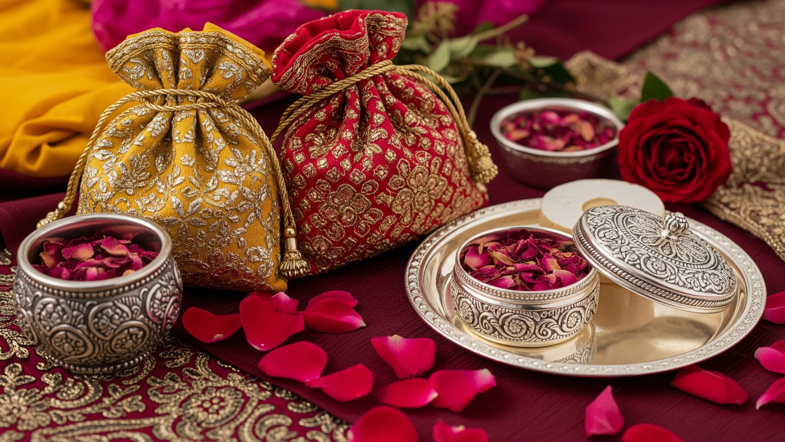 A close detail of elegant potli bags, silver trays, mithai boxes with blank lids and rose petals on rich fabric, no logos, no text, close-up detail