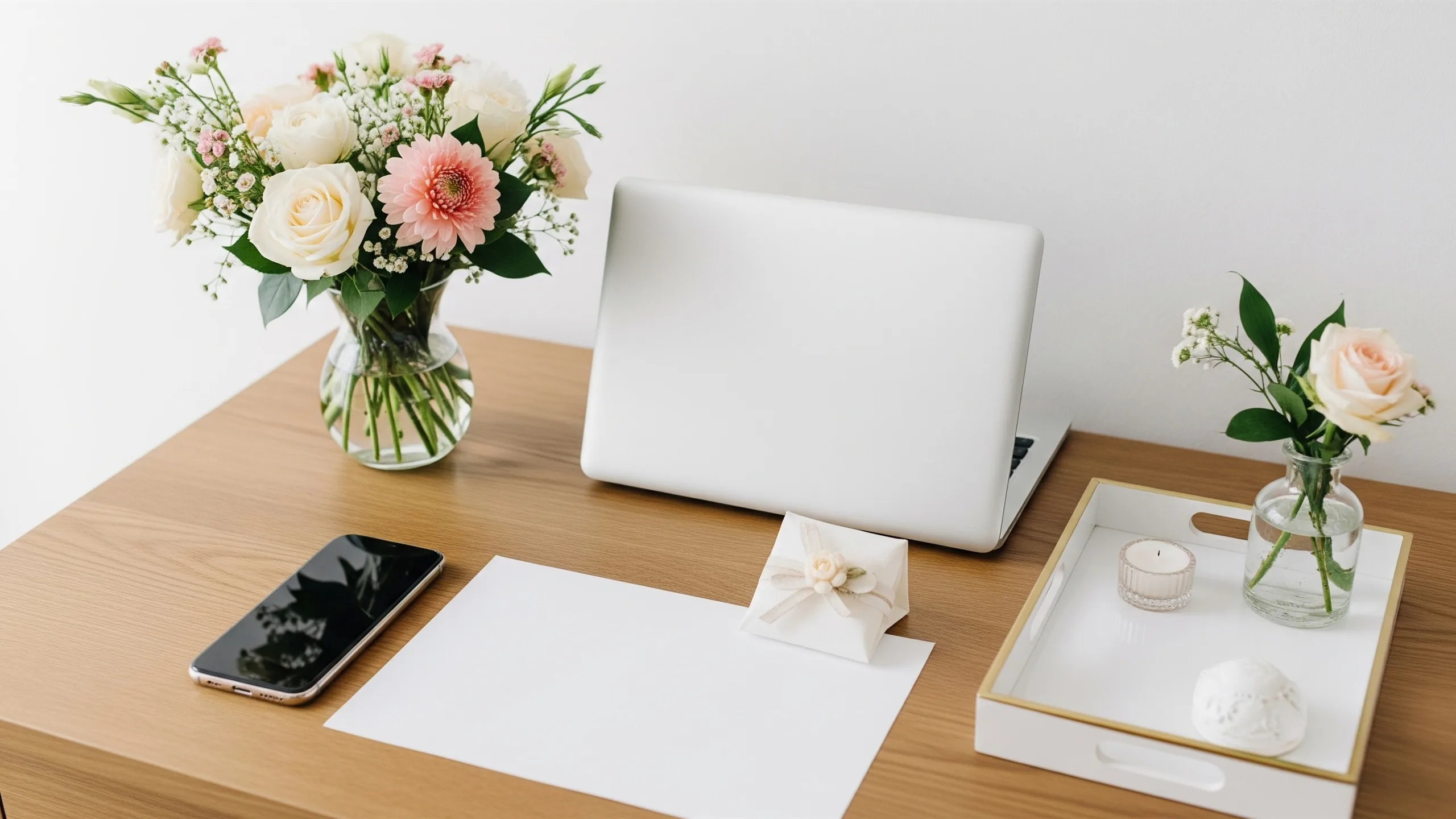 A curated guest communication setup with blank phone, blank laptop, floral tray and wedding favor beside it, high-end desk styling, no readable content, in context