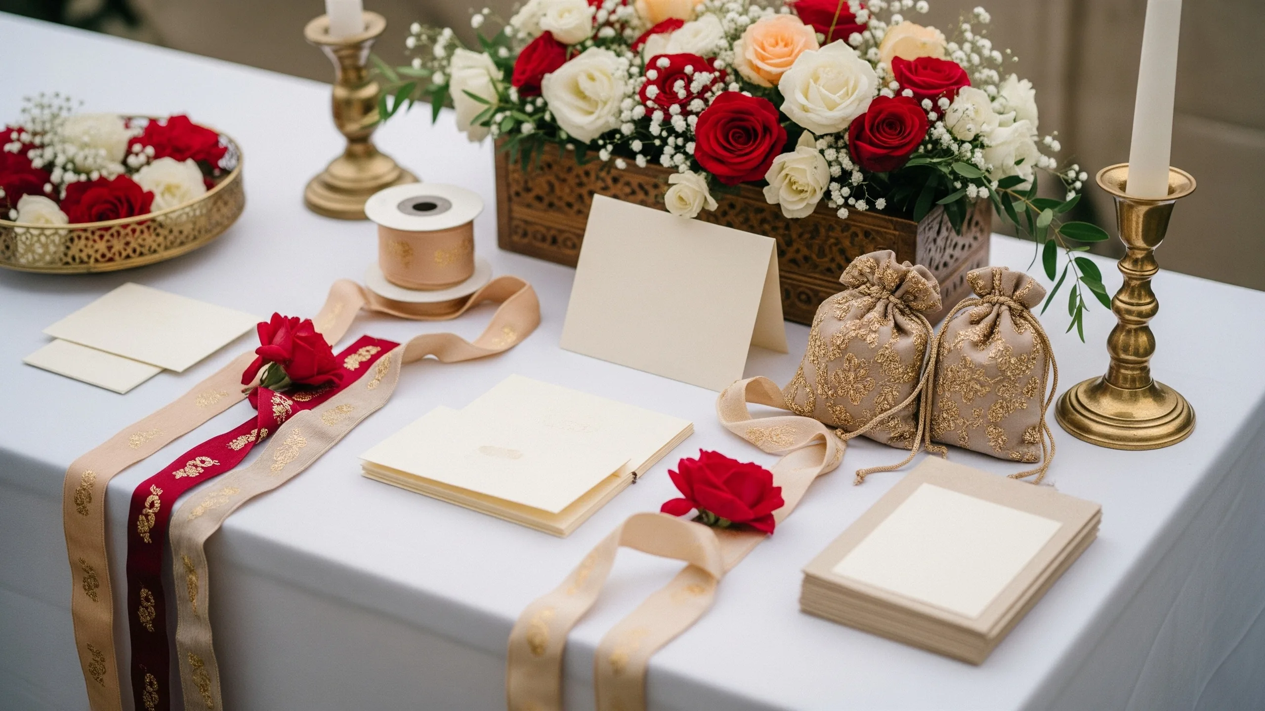 An elegant invitation dispatch table with blank cards, ribbons, potli bags and floral accents, no letters, no numbers, styled view