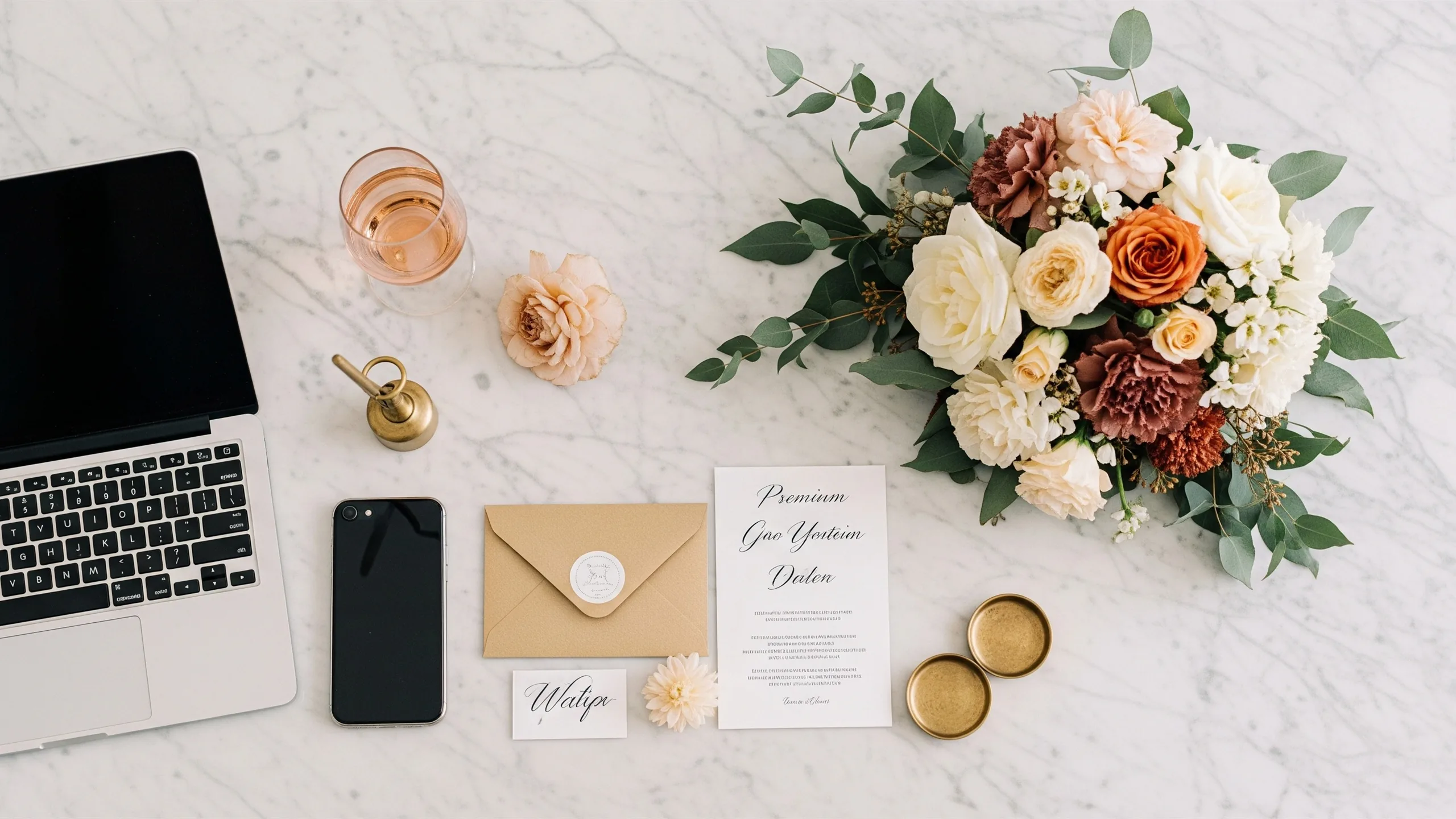 A premium wedding communication still life with phone, laptop, invitation envelope, flowers and brass accents on marble, all surfaces blank, styled view