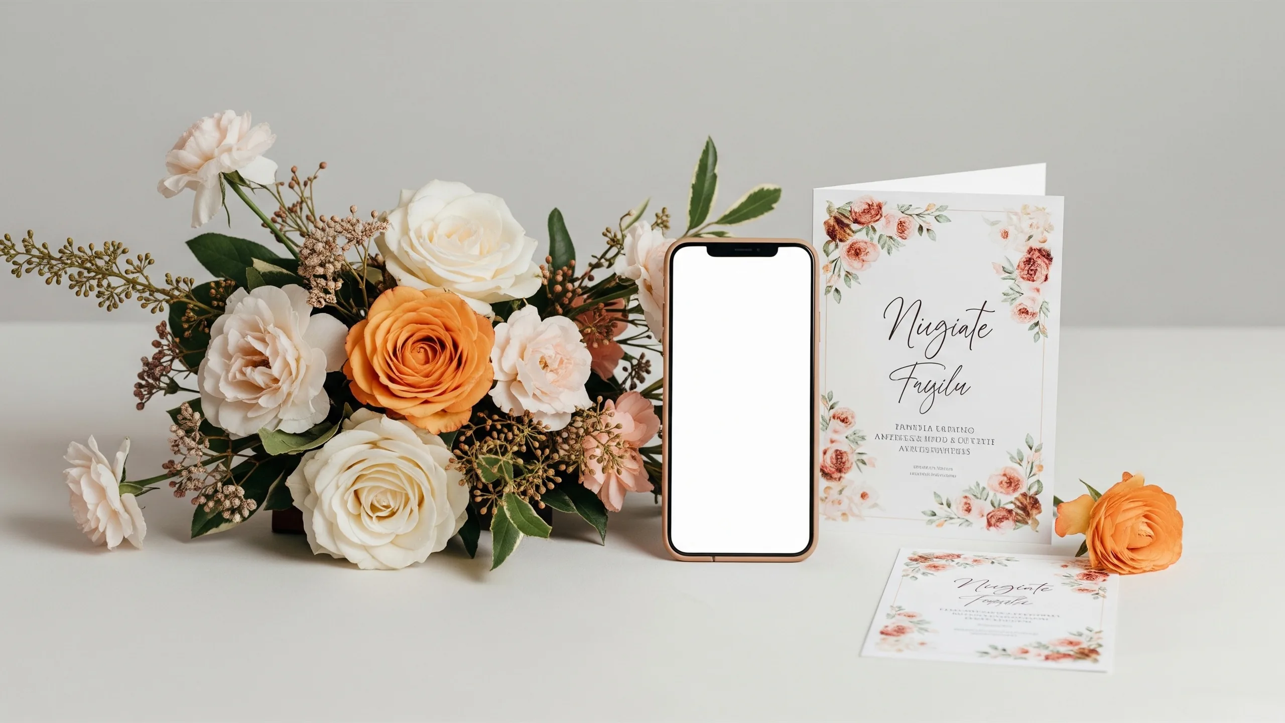 A refined digital invite setup with blank phone upright beside a floral arrangement and premium wedding card with no visible text, styled view