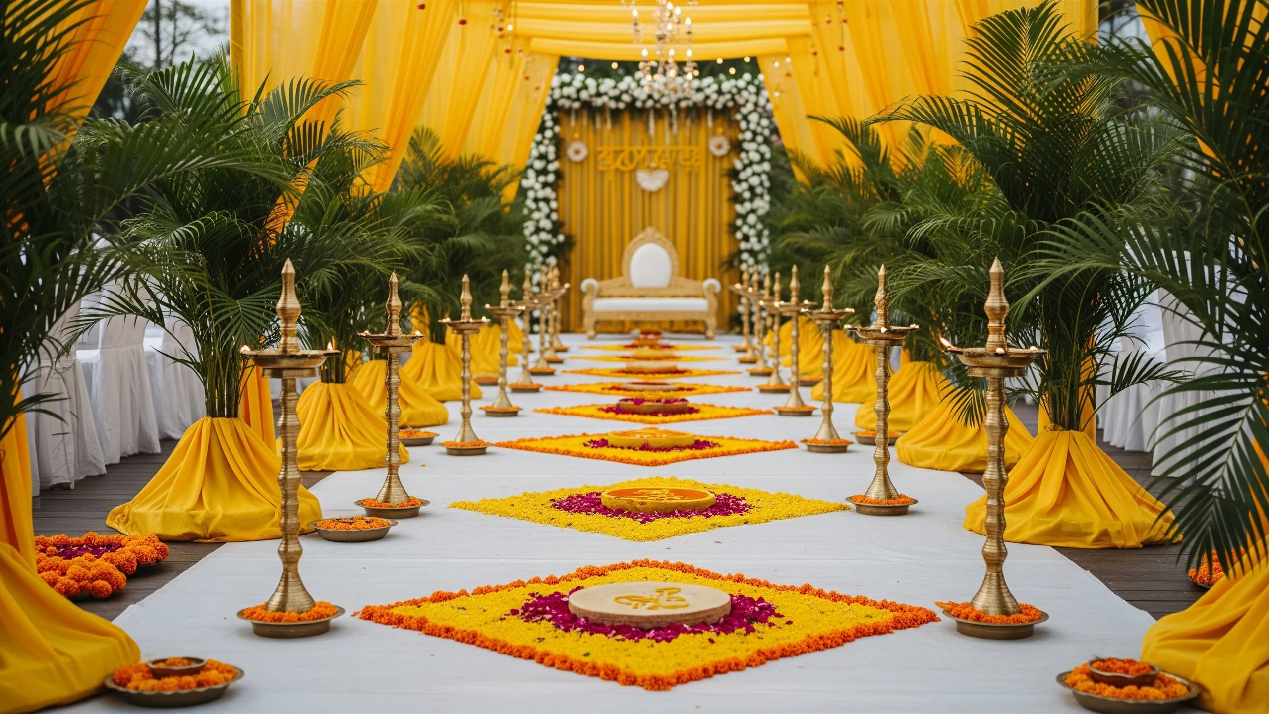 An elegant haldi decor aisle with flower rangoli, brass lamps, yellow fabric and tropical greenery, high-end event production, styled view