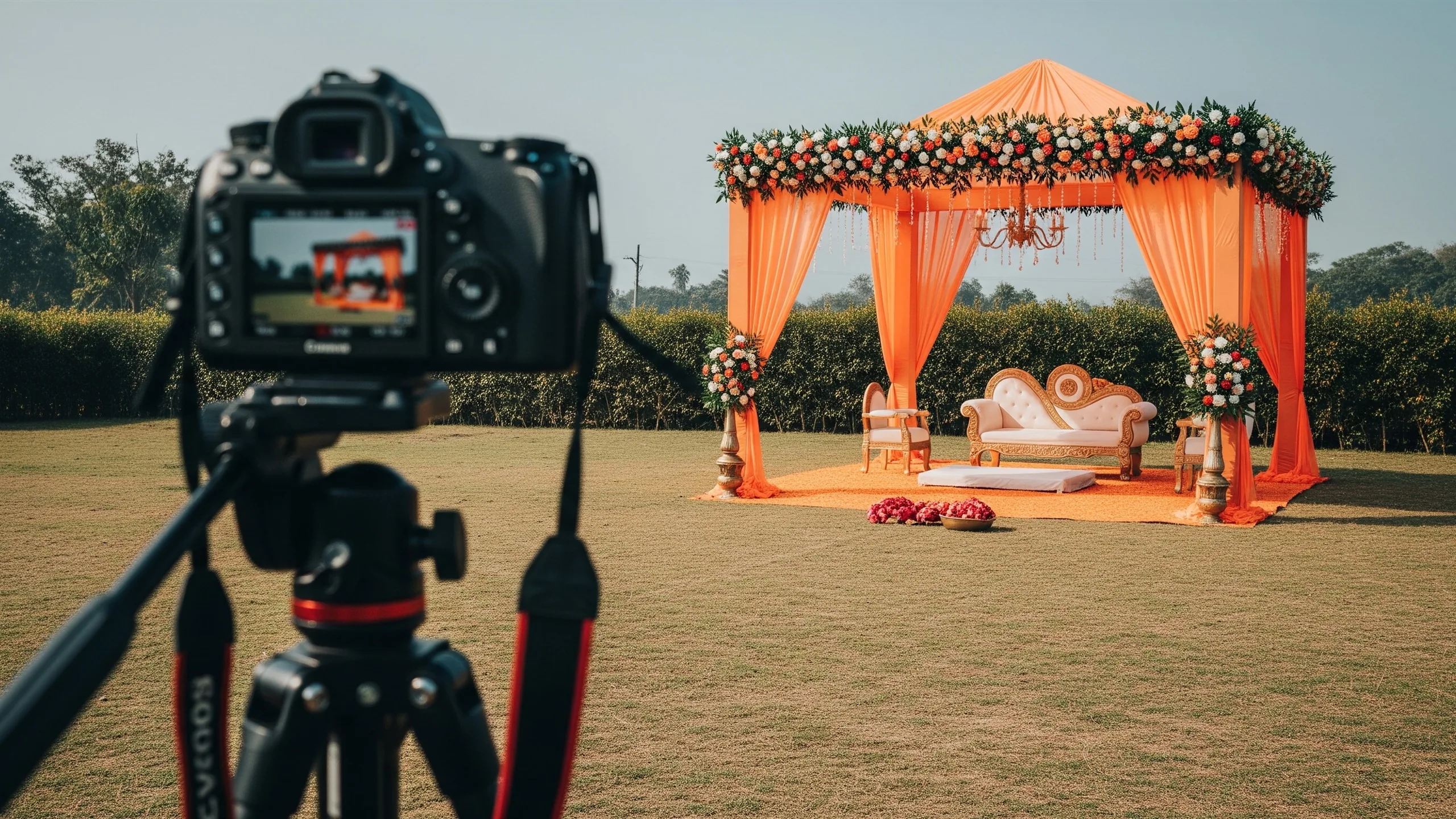 An empty decorated mandap seen through an unbranded camera on a tripod in the foreground, in context