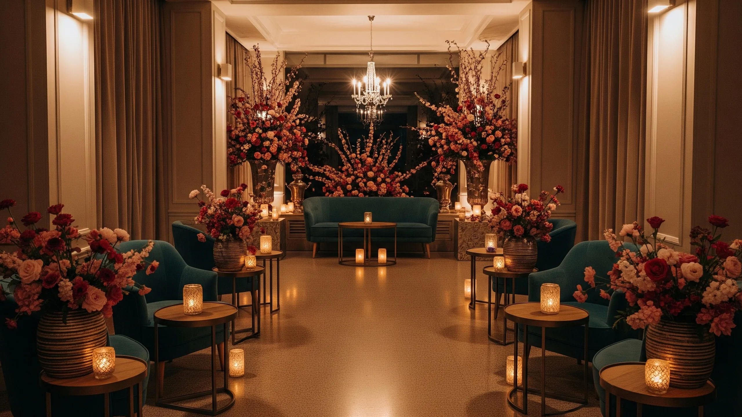 A premium roka lounge with intimate seating, flower arrangements, warm candles and polished floor, no signage, styled view