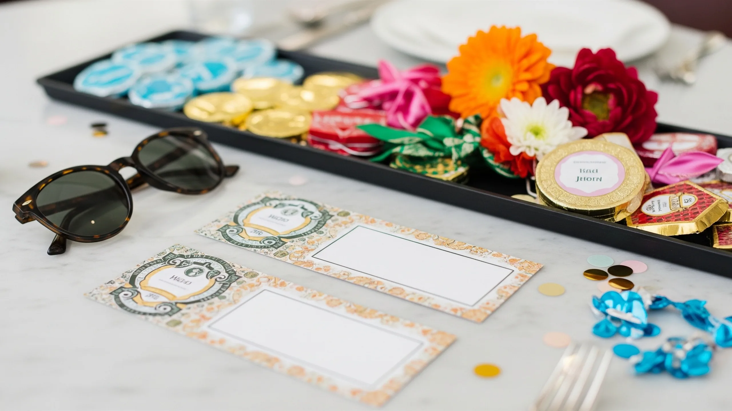 A close detail of party favors, sunglasses, blank itinerary cards, flowers and confetti on a marble table, no text, in context