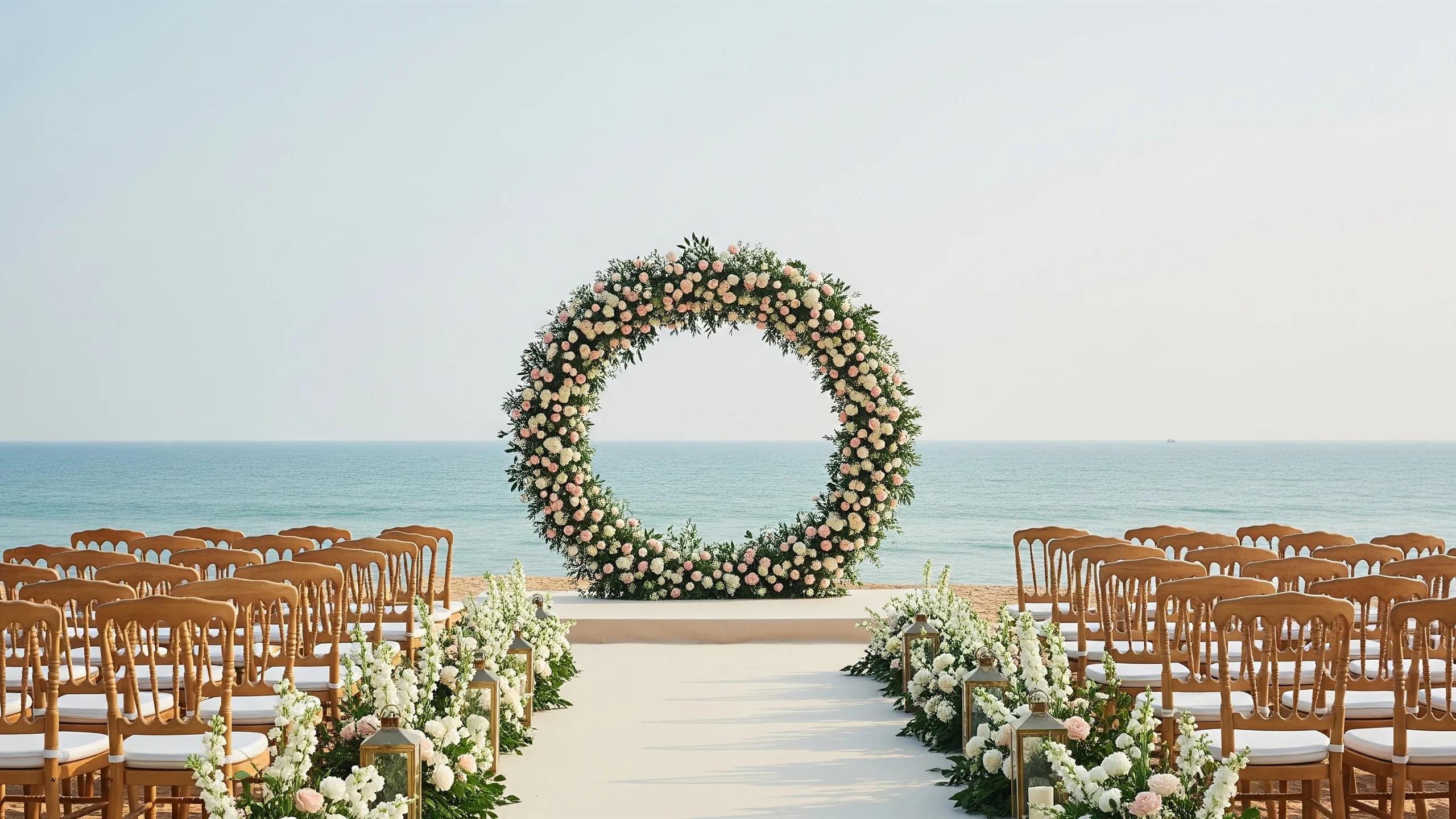 A luxury Goa beach wedding ceremony with premium floral arch, ivory aisle, ocean backdrop and resort styling, close-up detail