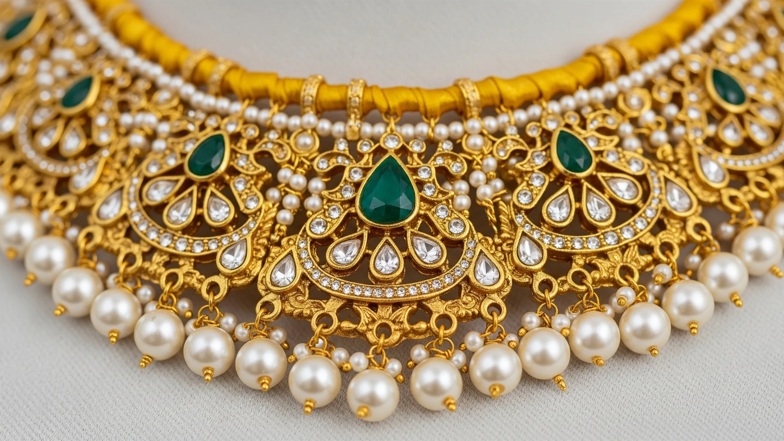 A close macro detail of gold bridal necklace craftsmanship, pearls, emerald accents and silk texture, no labels, close-up detail