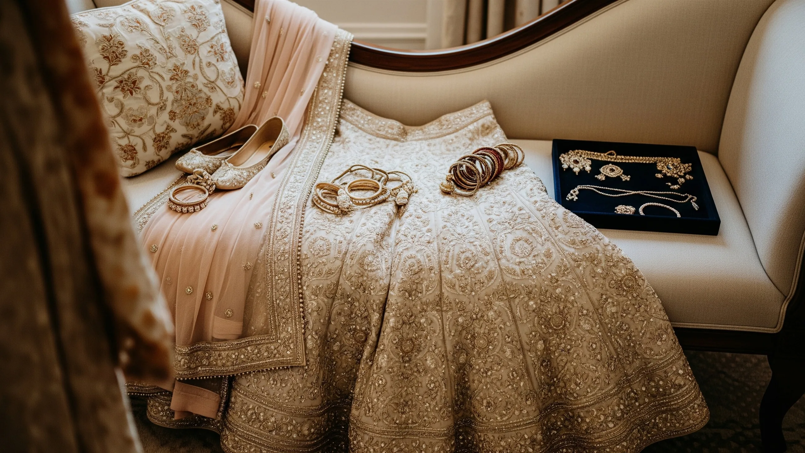 A luxury bridal trial room scene with lehenga laid on a chaise, dupatta, bangles, juttis and jewelry tray, no mirror reflections of people, no text, in context