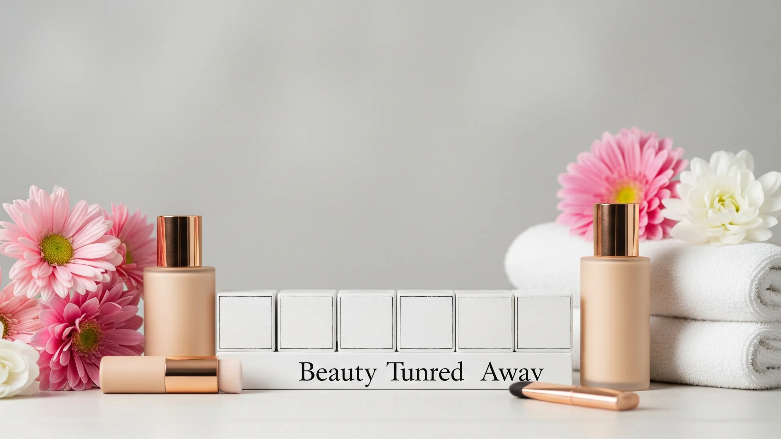 A high-end beauty timeline still life with blank calendar-like blocks, cosmetics turned away, flowers and soft towels, no text, styled view