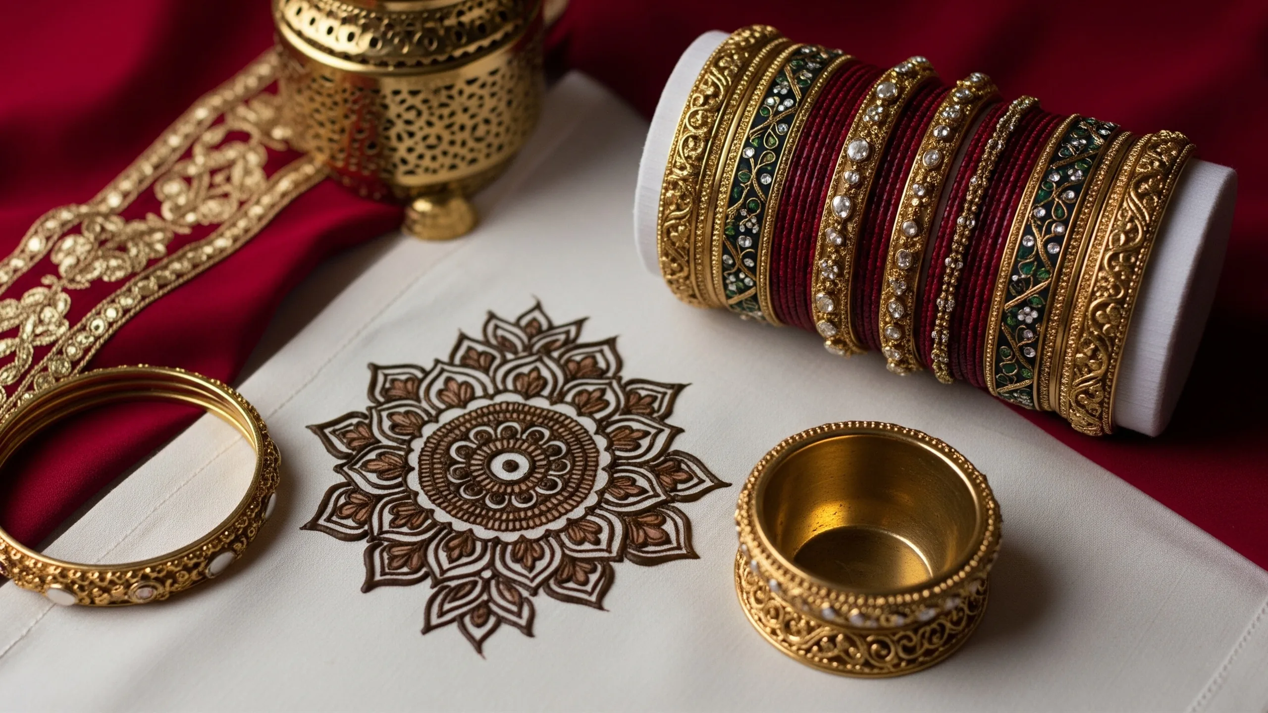 An elegant display of mehndi design inspiration using decorative fabric motifs, bangles and floral mandala, no readable text, no hands, styled view