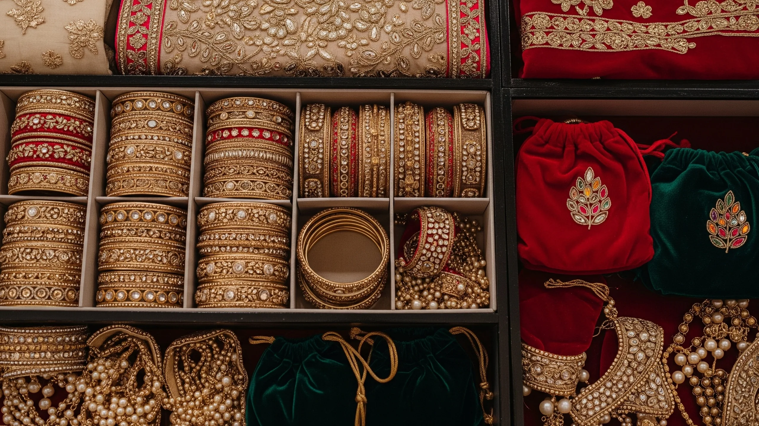 A close detail of embroidered bridal fabrics, bangles, anklets and velvet pouches arranged in compartments, no labels, close-up detail