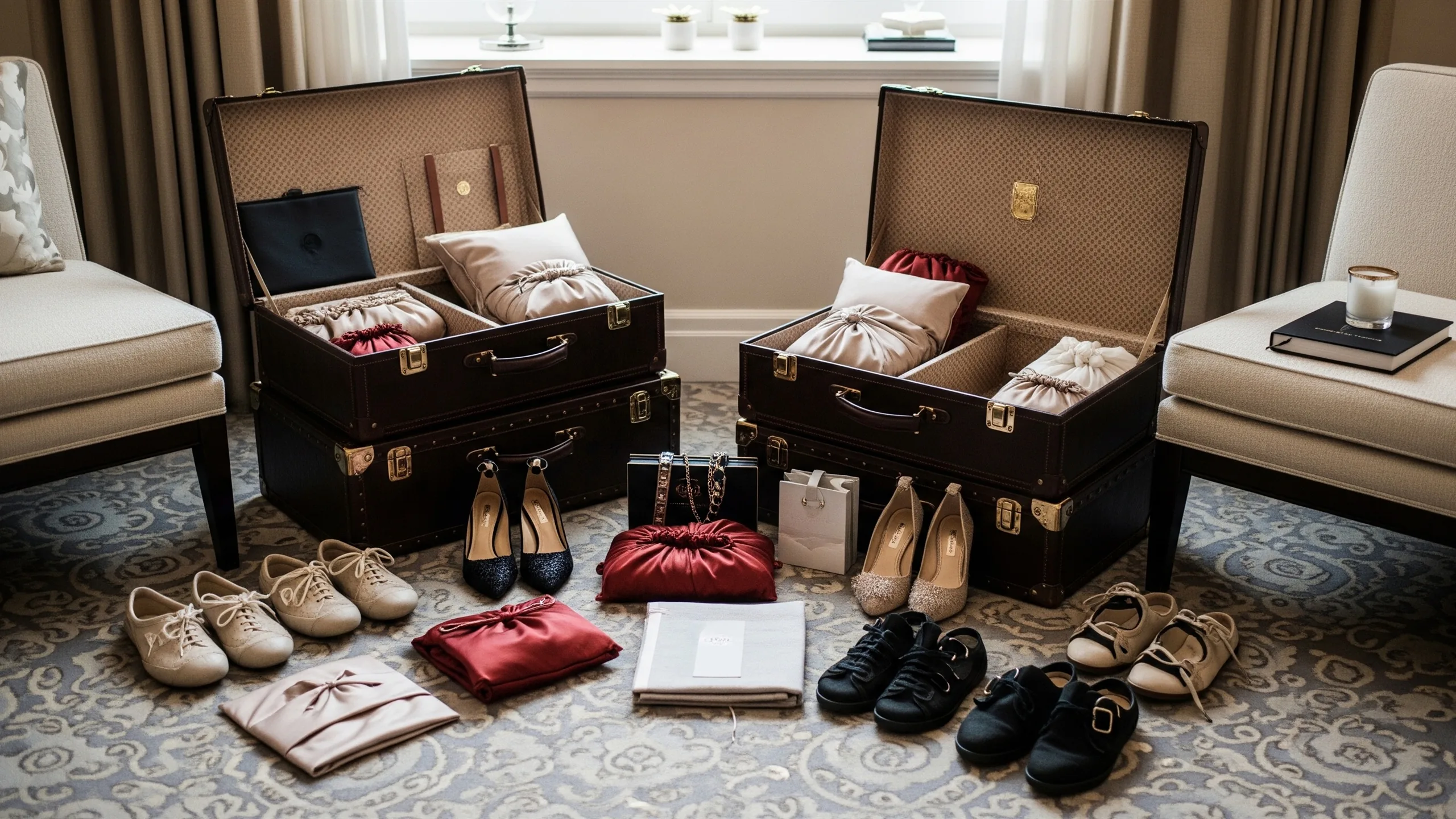 A premium packing suite with multiple open trunks, silk organizers, footwear and accessories laid out elegantly, no text, in context