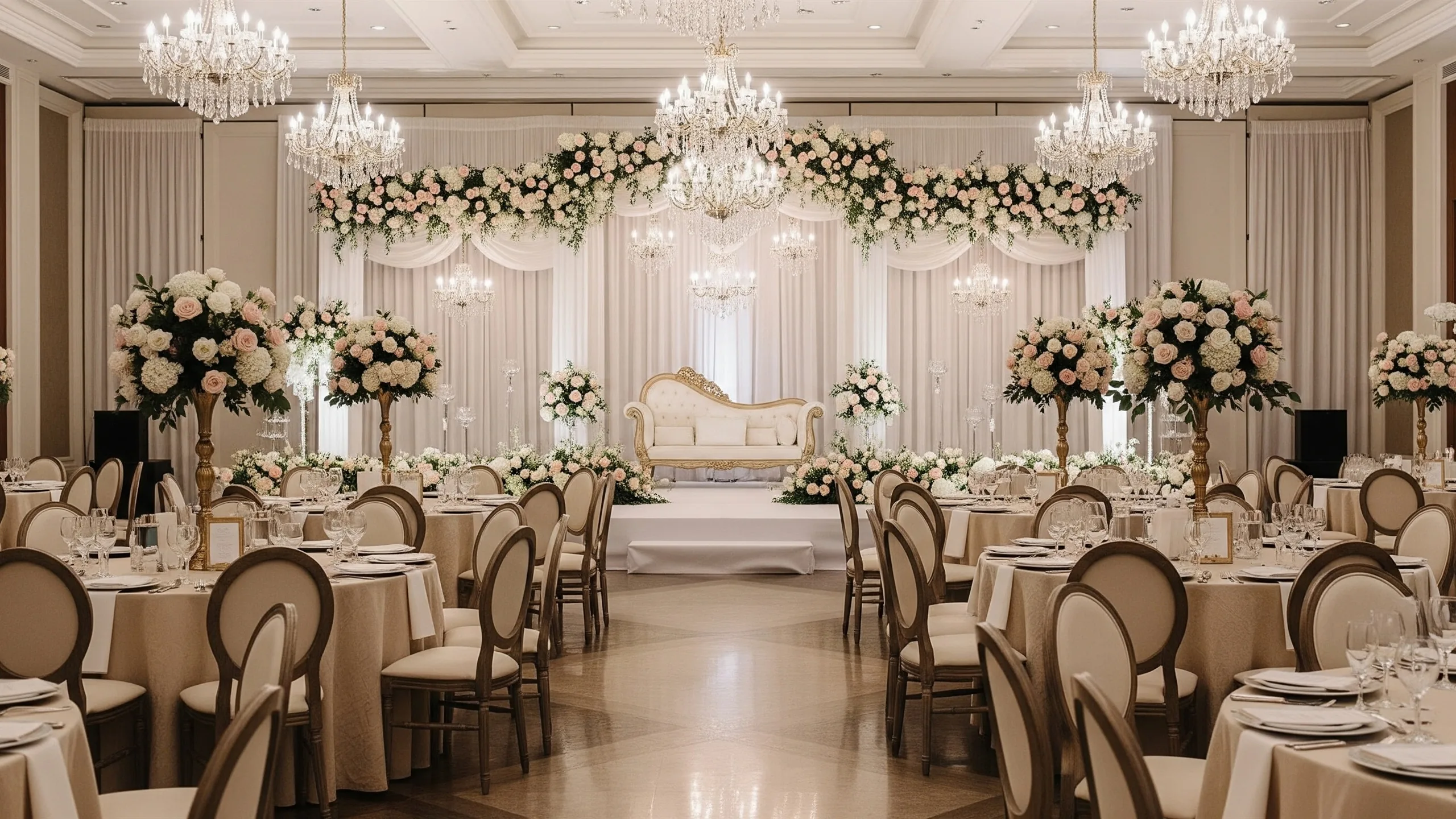 An elegant reception setup for an Indian Christian wedding with floral stage, chandeliers and premium table settings, no place cards, in context