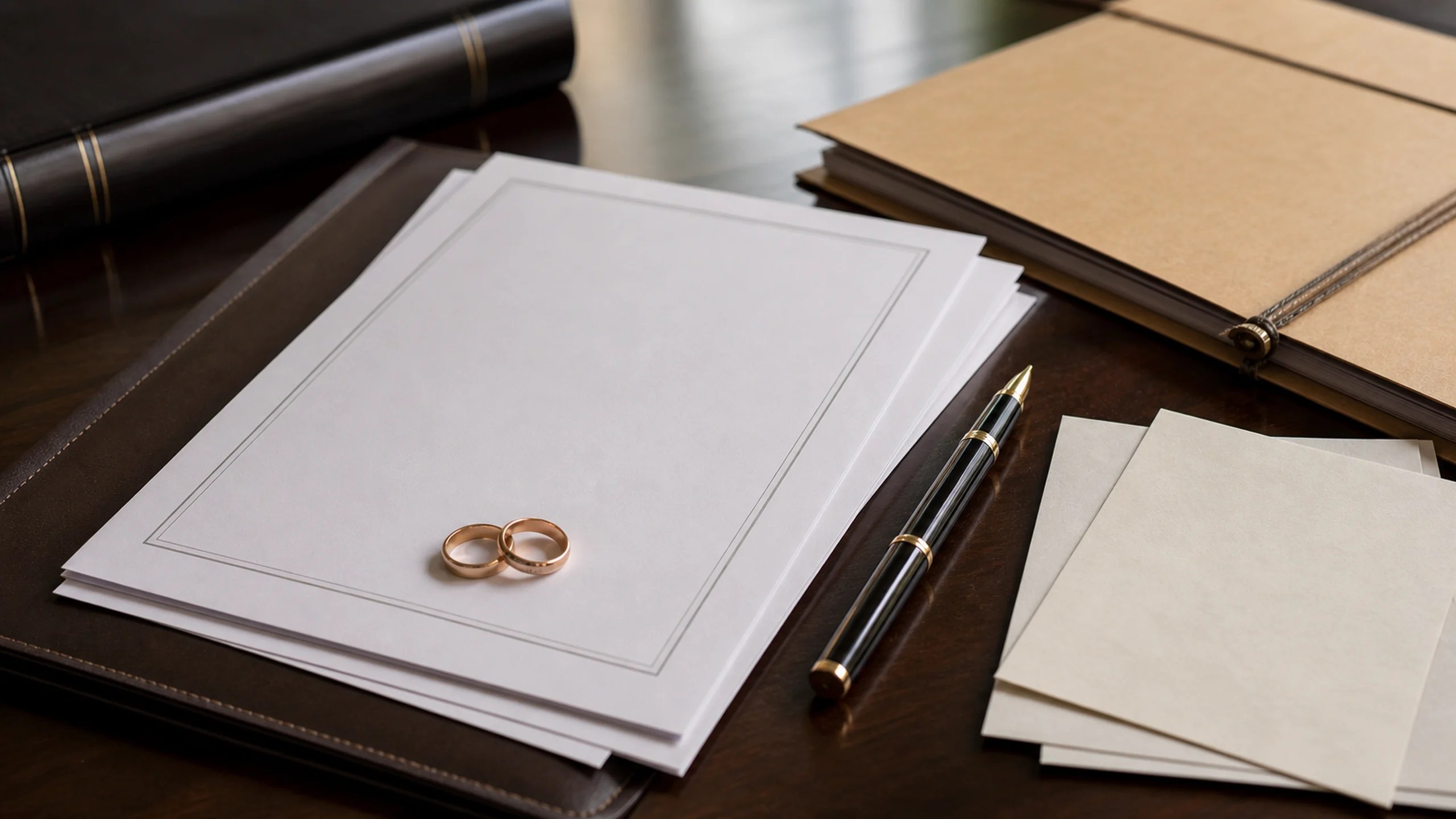 A close detail of blank identity document folders, passport-size photo envelopes with blank fronts, a pen, wedding rings and a plain appointment folder on a polished wooden desk, no readable text or seals, close-up detail
