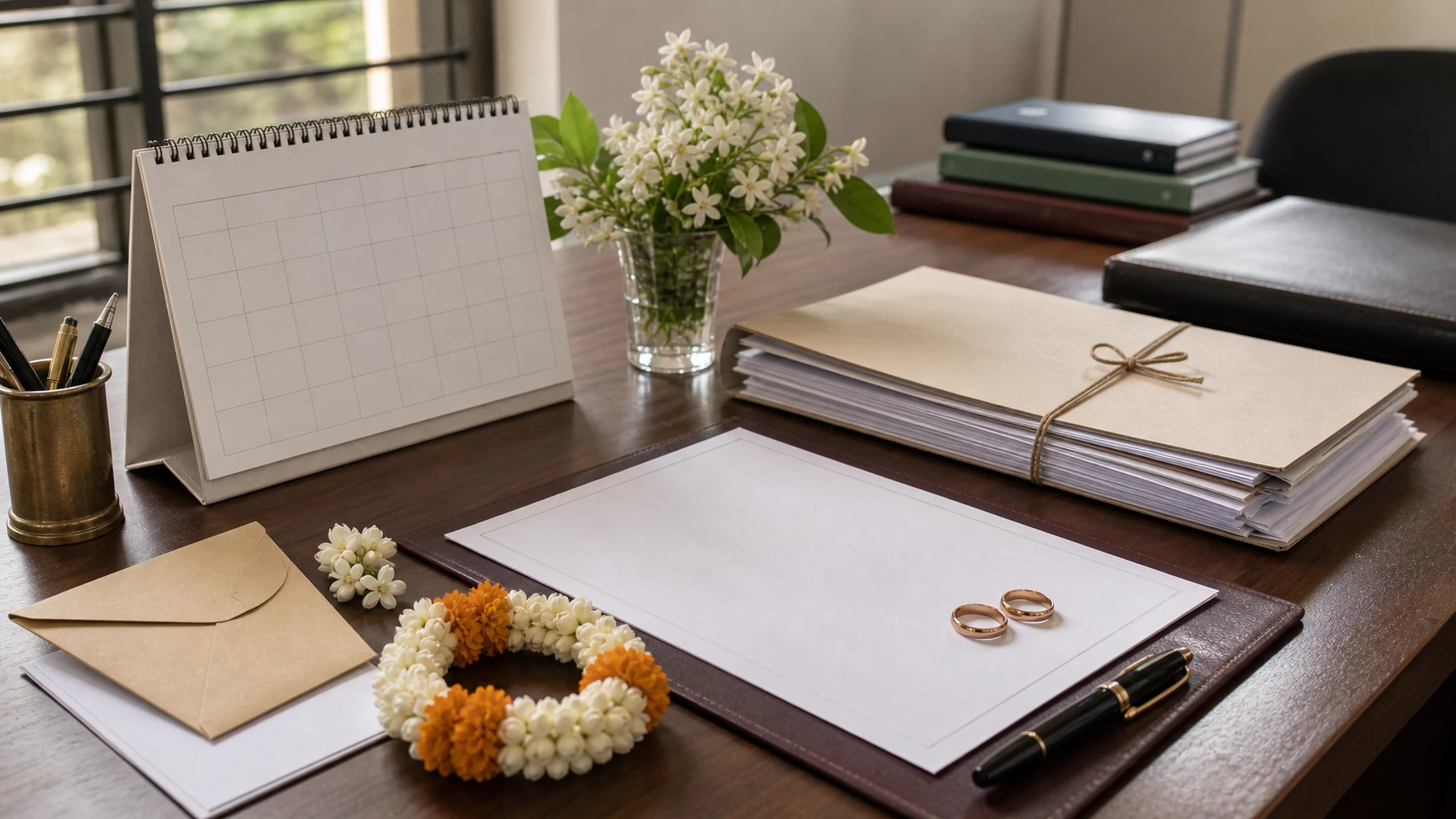 A calm legal-planning still life with a blank calendar page, document checklist folder, envelopes, a small floral garland and wedding rings, formal office setting, in context