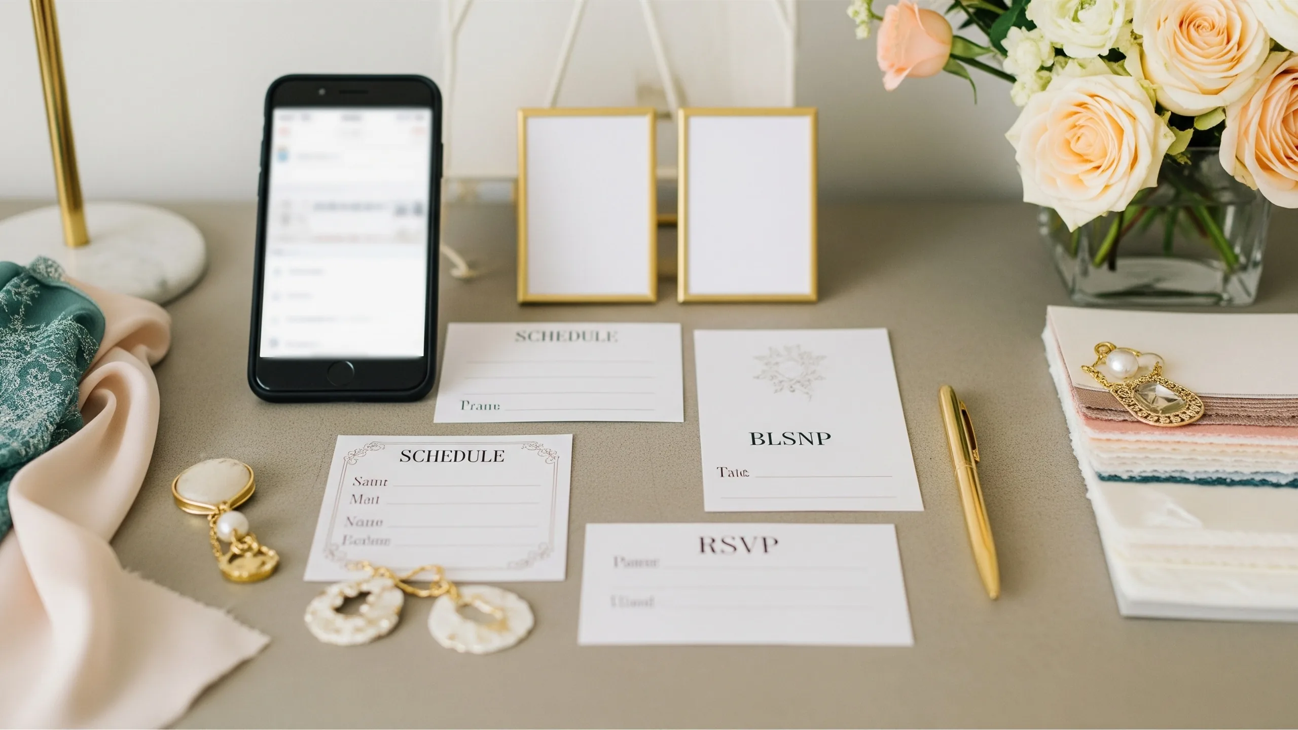 A curated wedding communication desk with a smartphone screen softly blurred, blank schedule cards, blank RSVP cards, a gold pen, fabric swatches and floral details, refined modern Indian wedding styling, in context