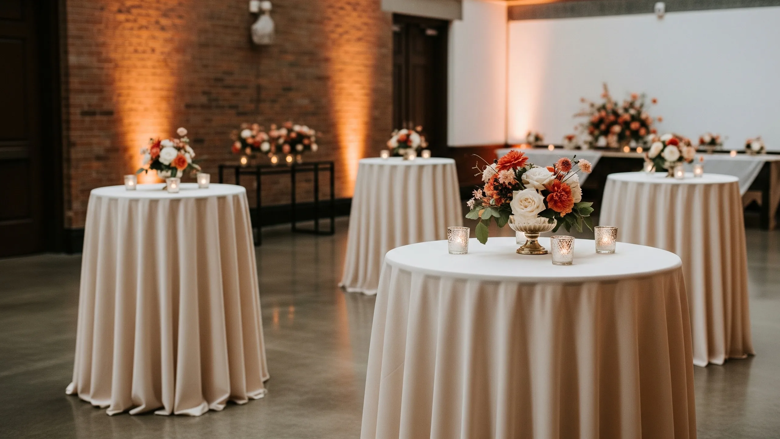 A luxury engagement lounge with cocktail tables, floral centerpieces, warm lights and polished floor, no signage, in context