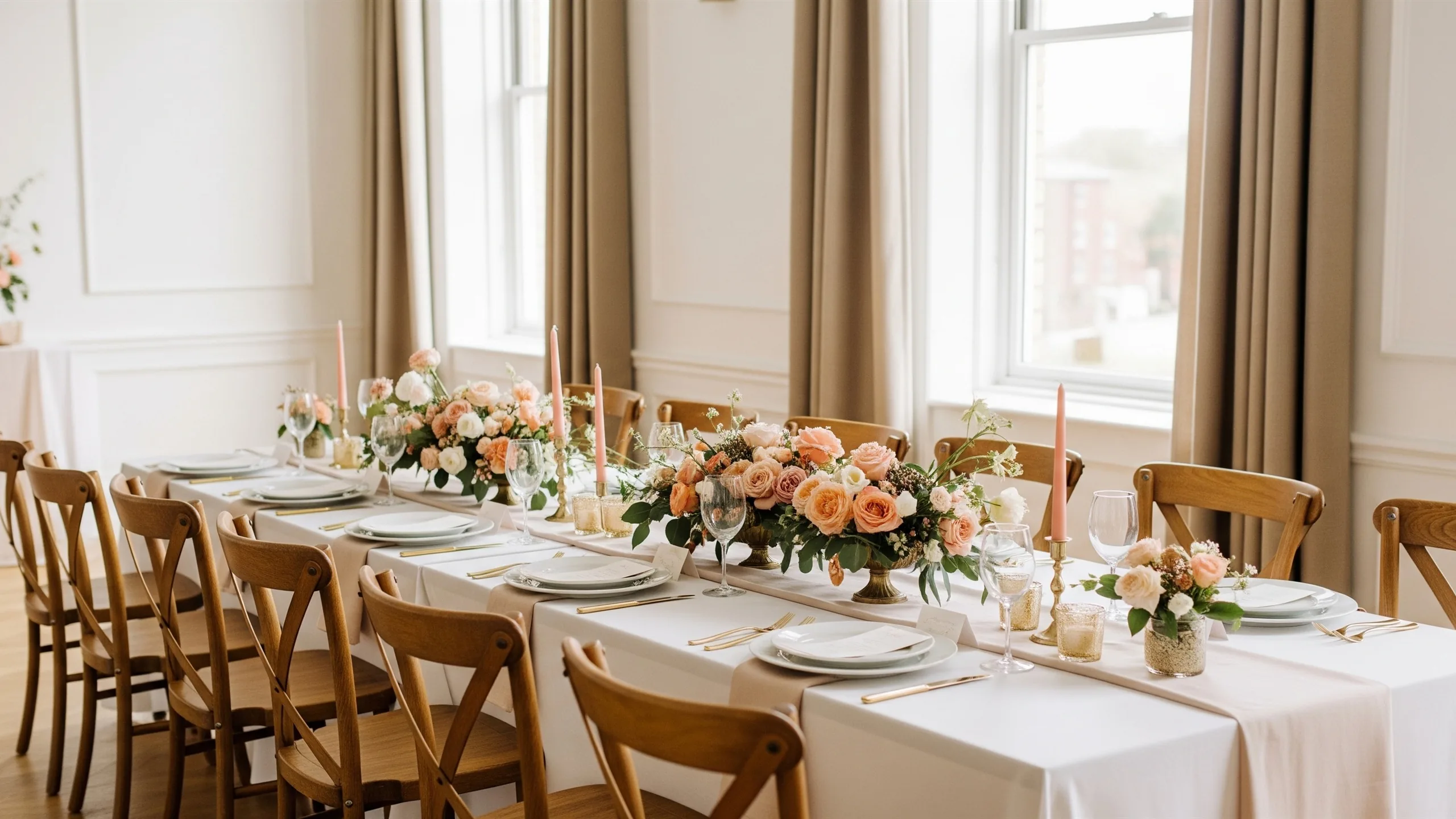 An interfaith welcome lounge with two complementary color palettes, curated florals and premium table styling, no labels, styled view