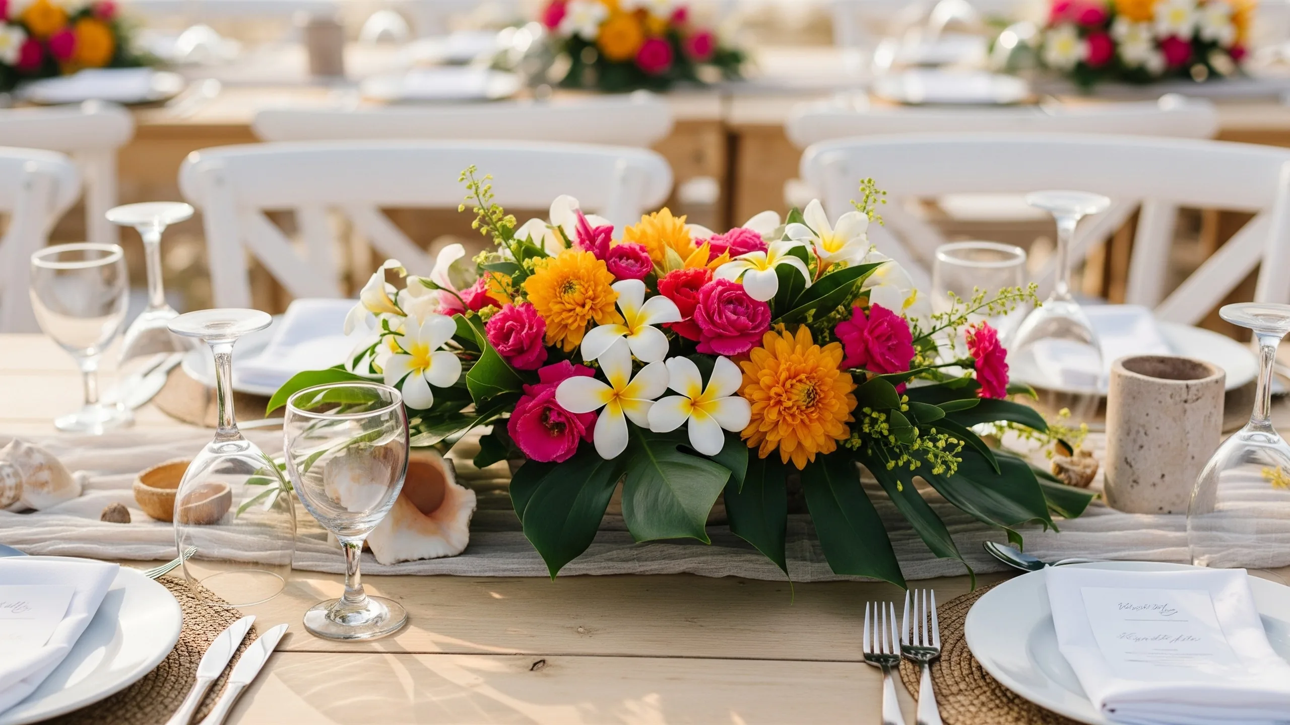 A close detail of a Goa beach wedding table with tropical florals, frangipani and seashell accents, close-up detail