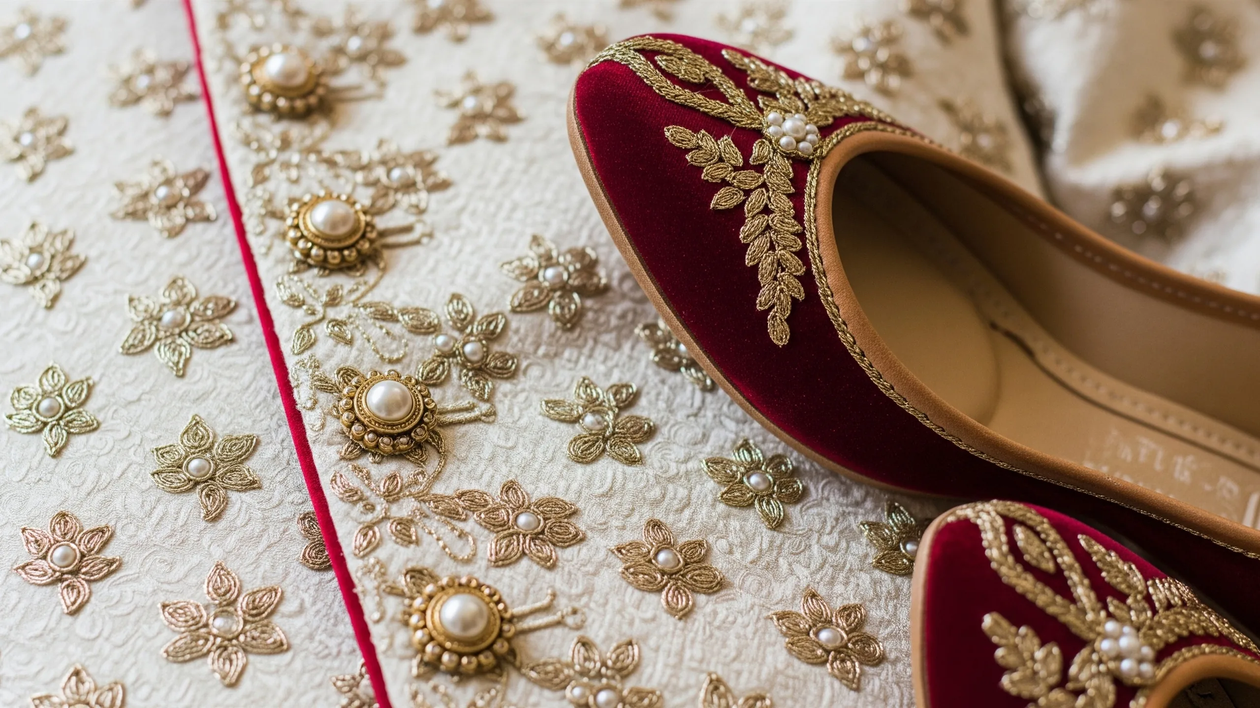 A close detail of sherwani embroidery, pearl buttons, brocade safa fabric and velvet juttis, luxury texture focus, no tags, close-up detail