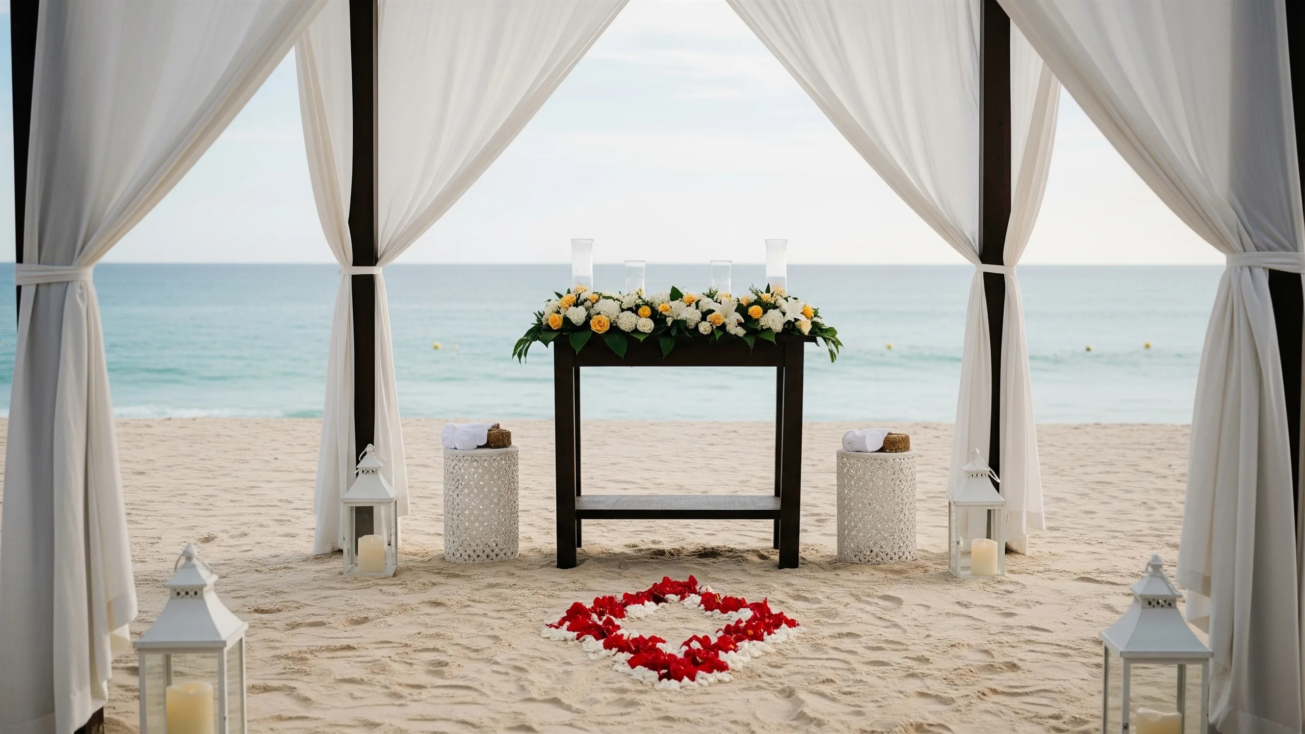 A romantic beach resort cabana with white drapes, flowers, candles and ocean view, in context