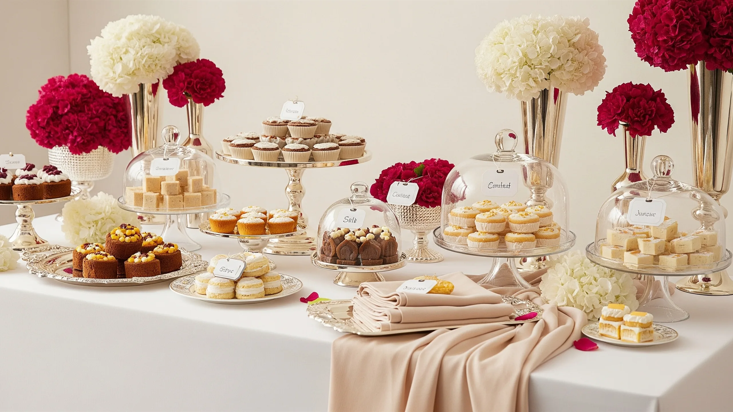 An elegant dessert and mithai display with silver trays, glass domes, flowers and premium linens, no tags, styled view