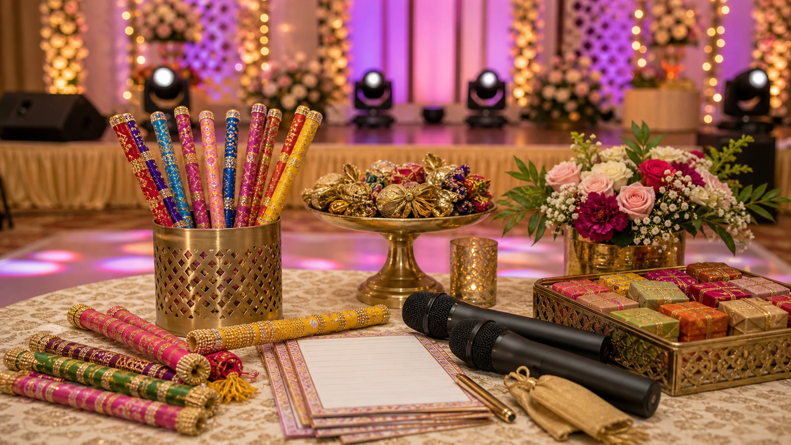 A sangeet game setup with dandiya sticks, blank score cards, microphones with no logo, prize trays, floral decor and stage lights softly blurred in the background, in context