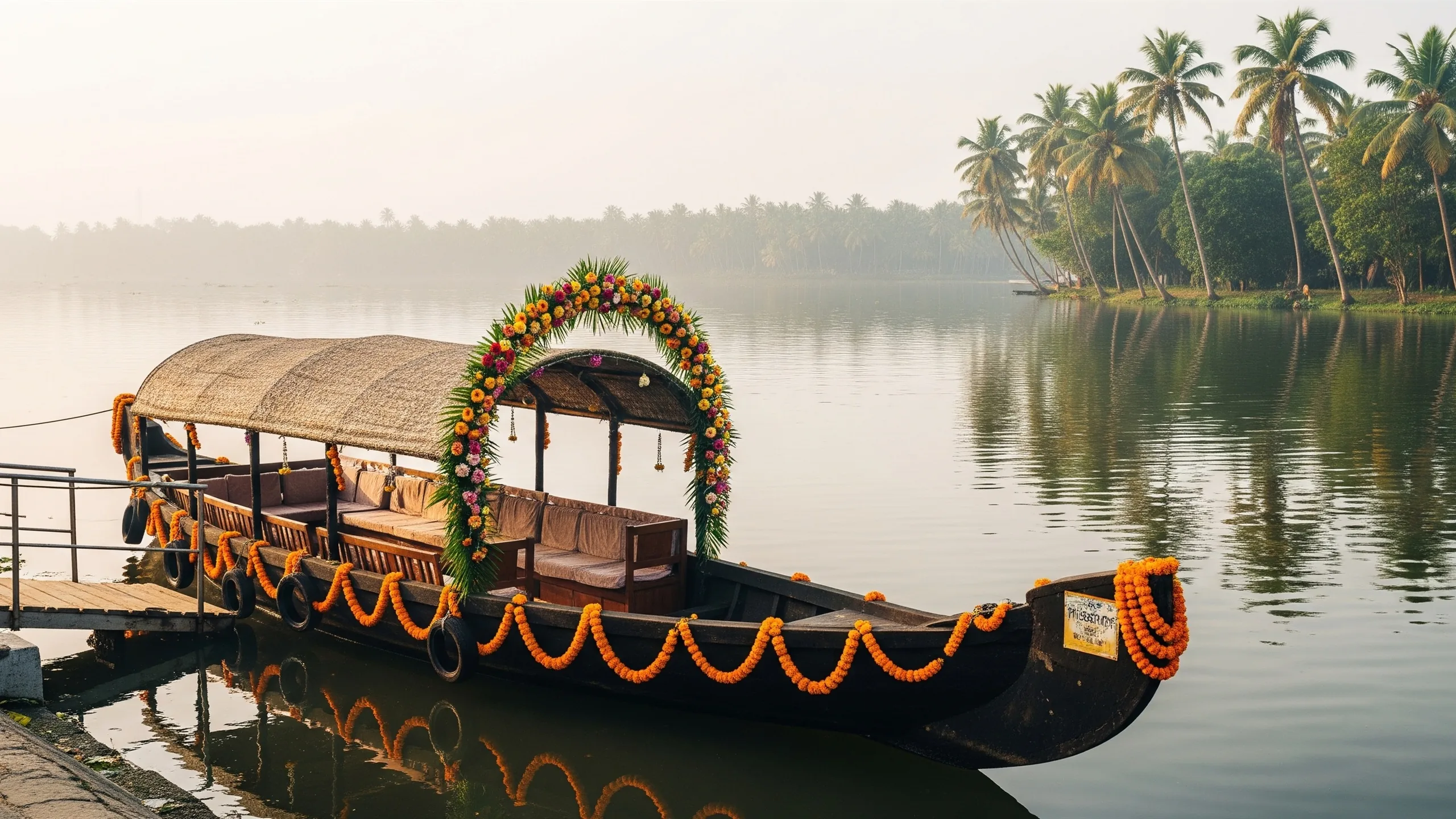 An atmospheric wide view of Kerala backwaters at dawn, an empty decorated wooden snake-boat with a floral archway and marigold garlands moored by a jetty, absolutely no one aboard, palms and light mist over calm still water, serene true-to-life ambience, no signage, no people, no figures, no silhouettes, styled view