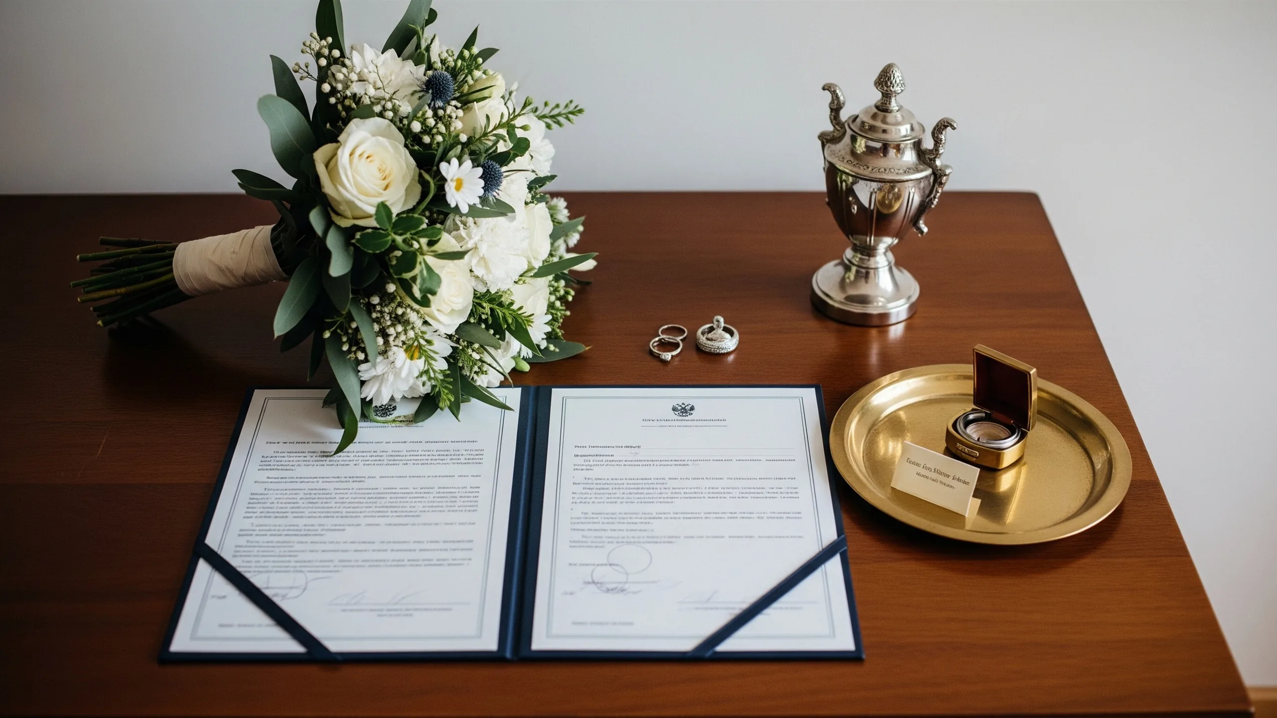 A refined civil-marriage preparation still life with blank documents, bouquet, rings and brass tray on polished wood, no readable text, in context
