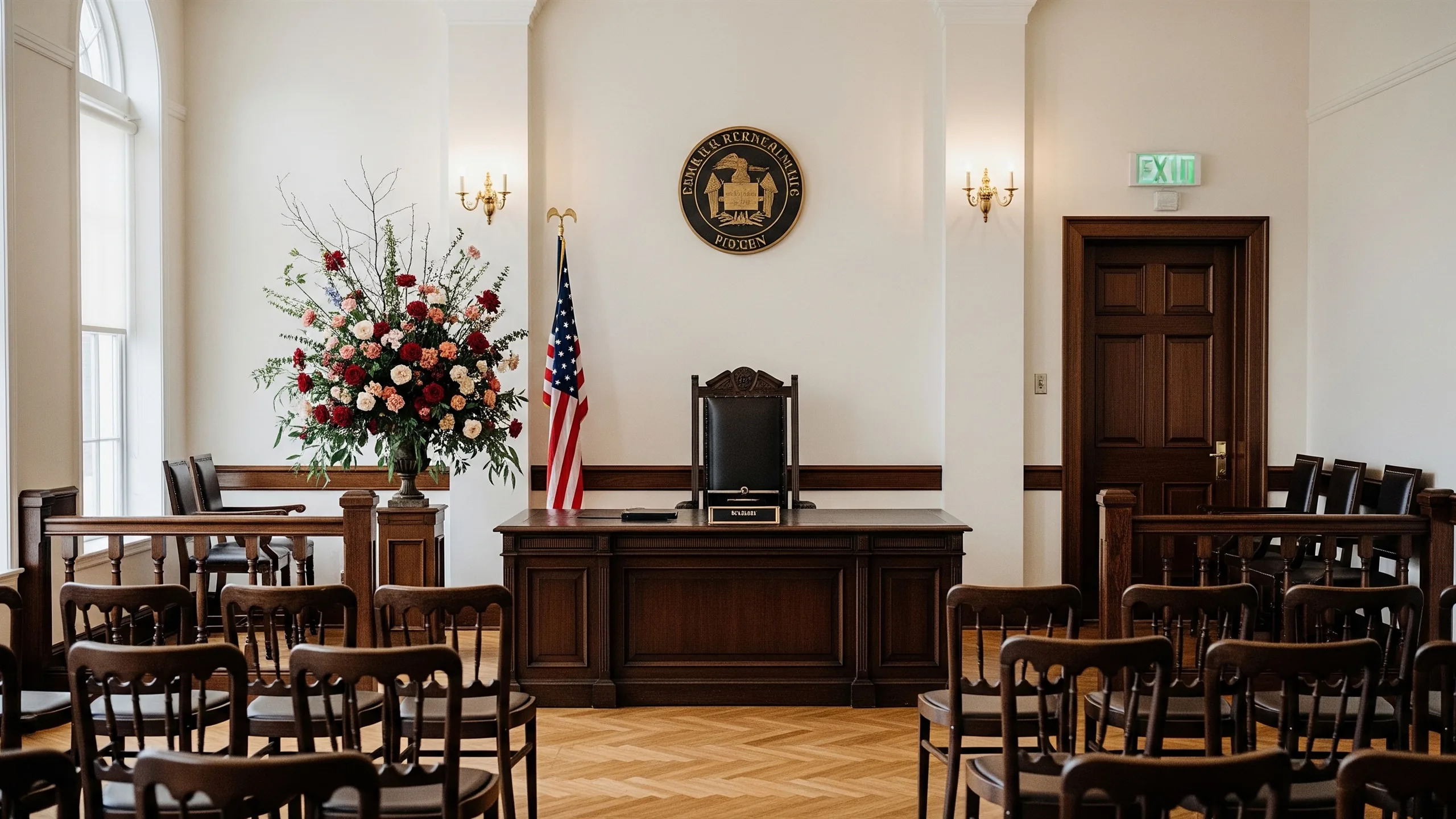An elegant courthouse-inspired interior corner with floral arrangement, empty chairs and formal desk, no signage, styled view