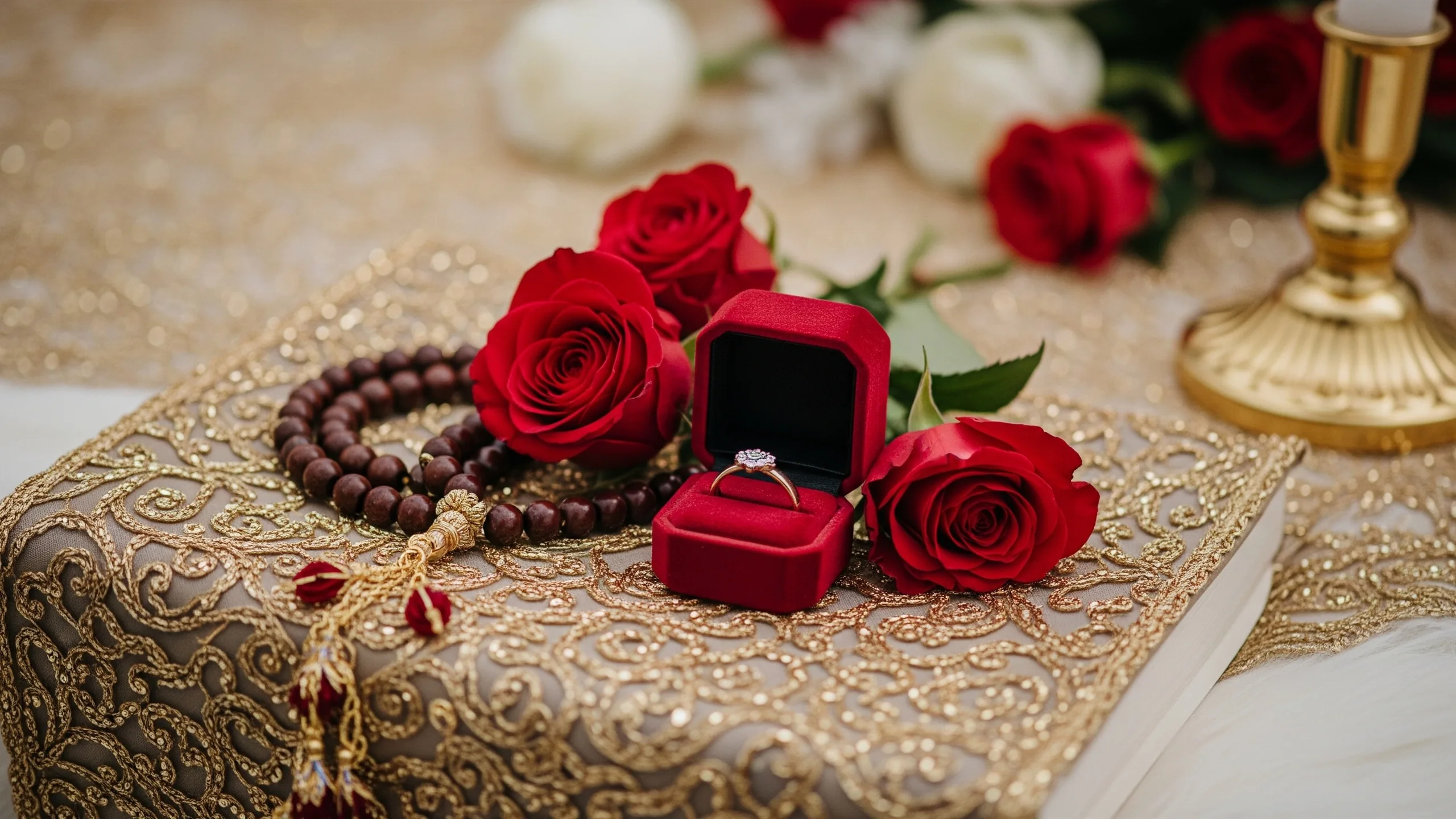 A close detail of elegant Nikah decor with prayer beads, roses, velvet ring box and gold accents, no book text visible, close-up detail