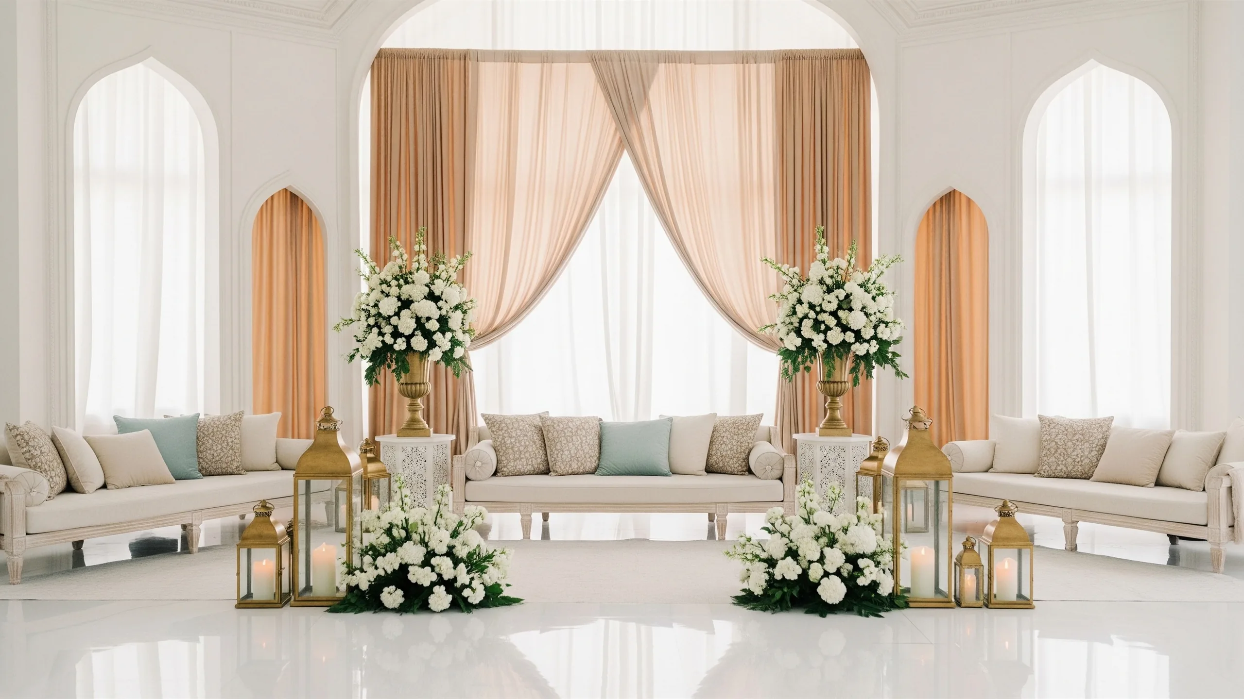 A serene Muslim wedding lounge with low seating, lanterns, jasmine, premium fabrics and architectural arches, styled view