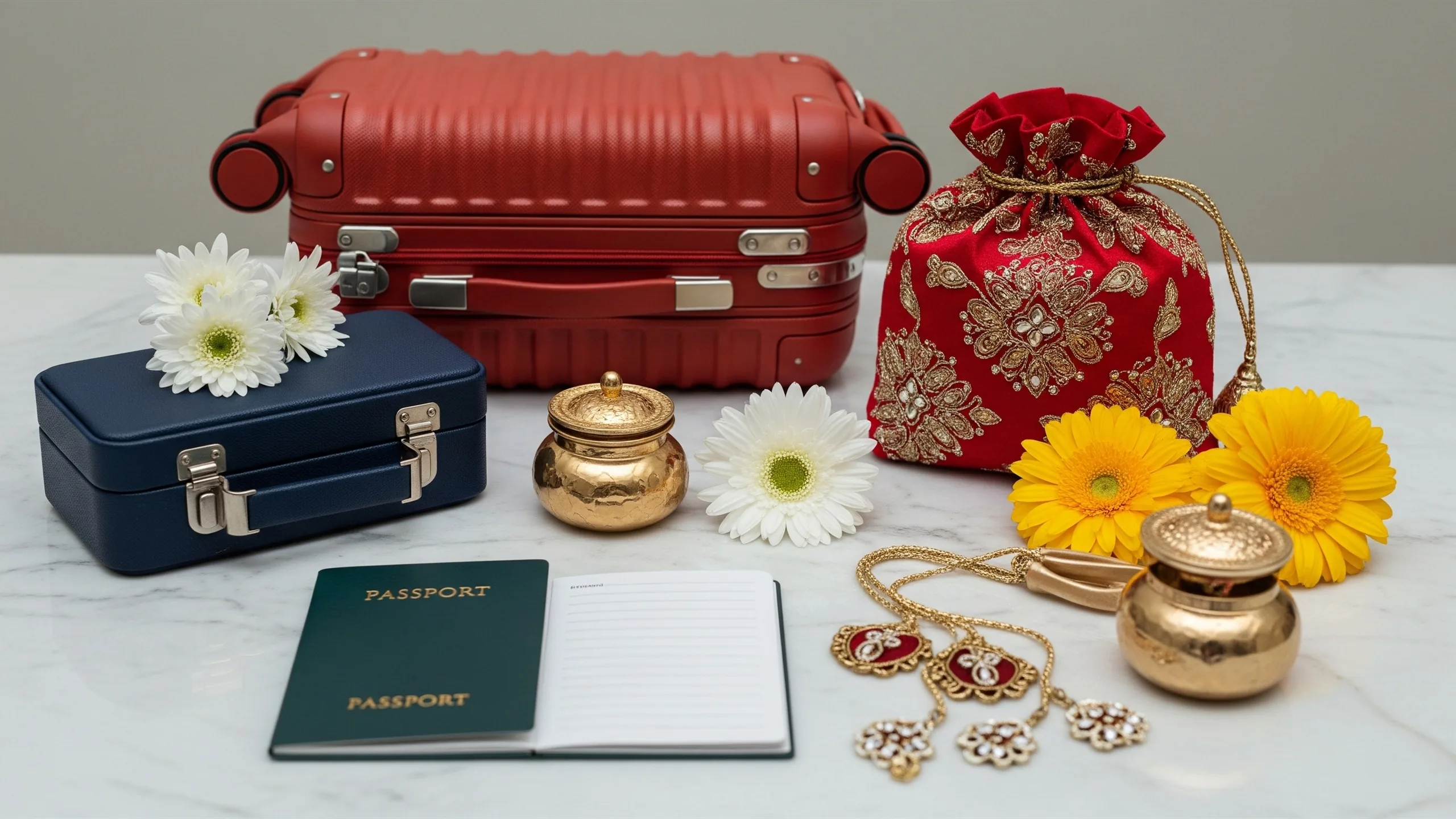An elegant airport-to-wedding travel planning still life with blank passport covers, luggage, potli bags and flowers on marble, no text, in context