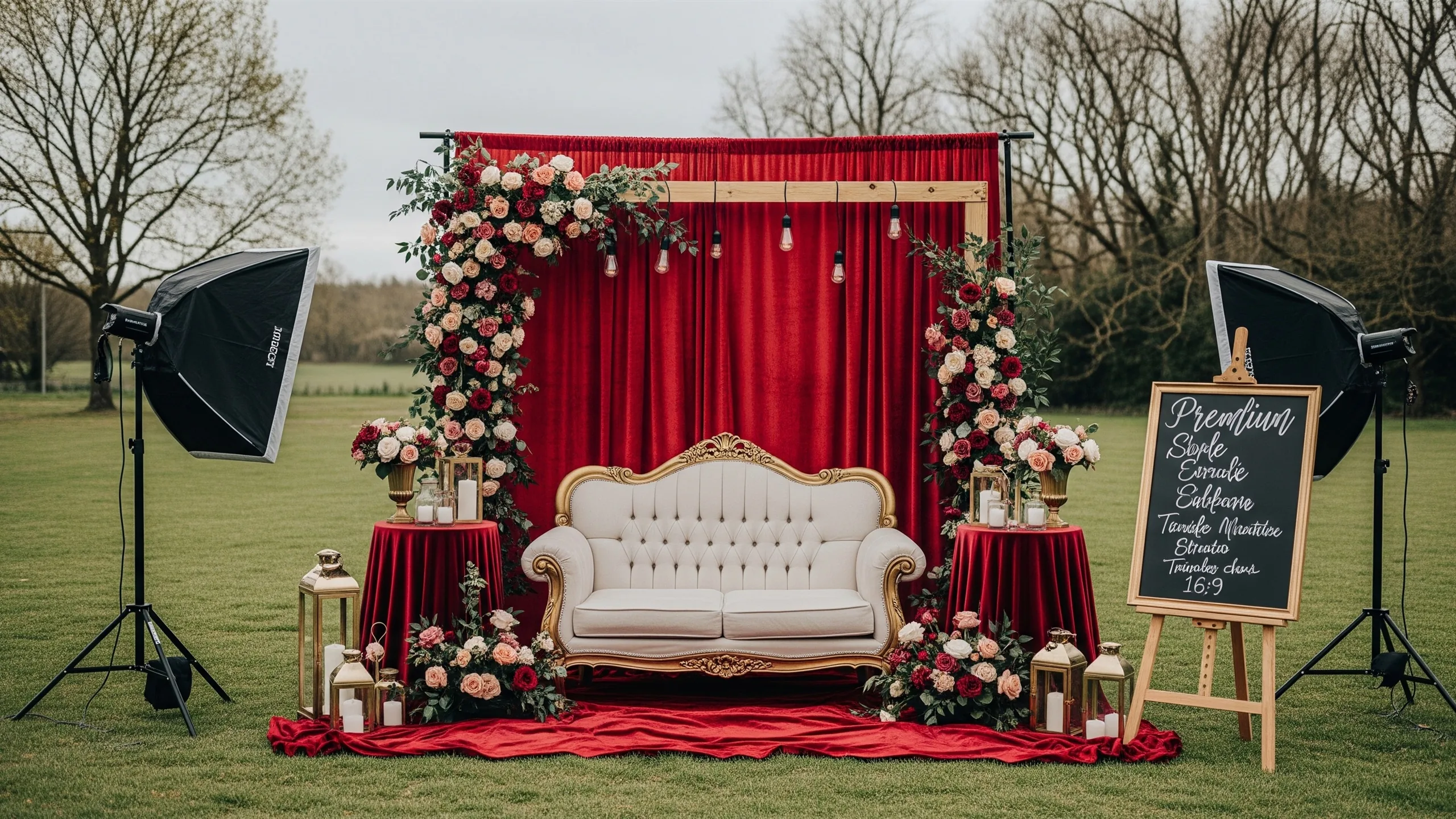 A premium studio-style pre-wedding prop setup with velvet backdrop, florals, ornate chair and controlled lighting, no signage, in context
