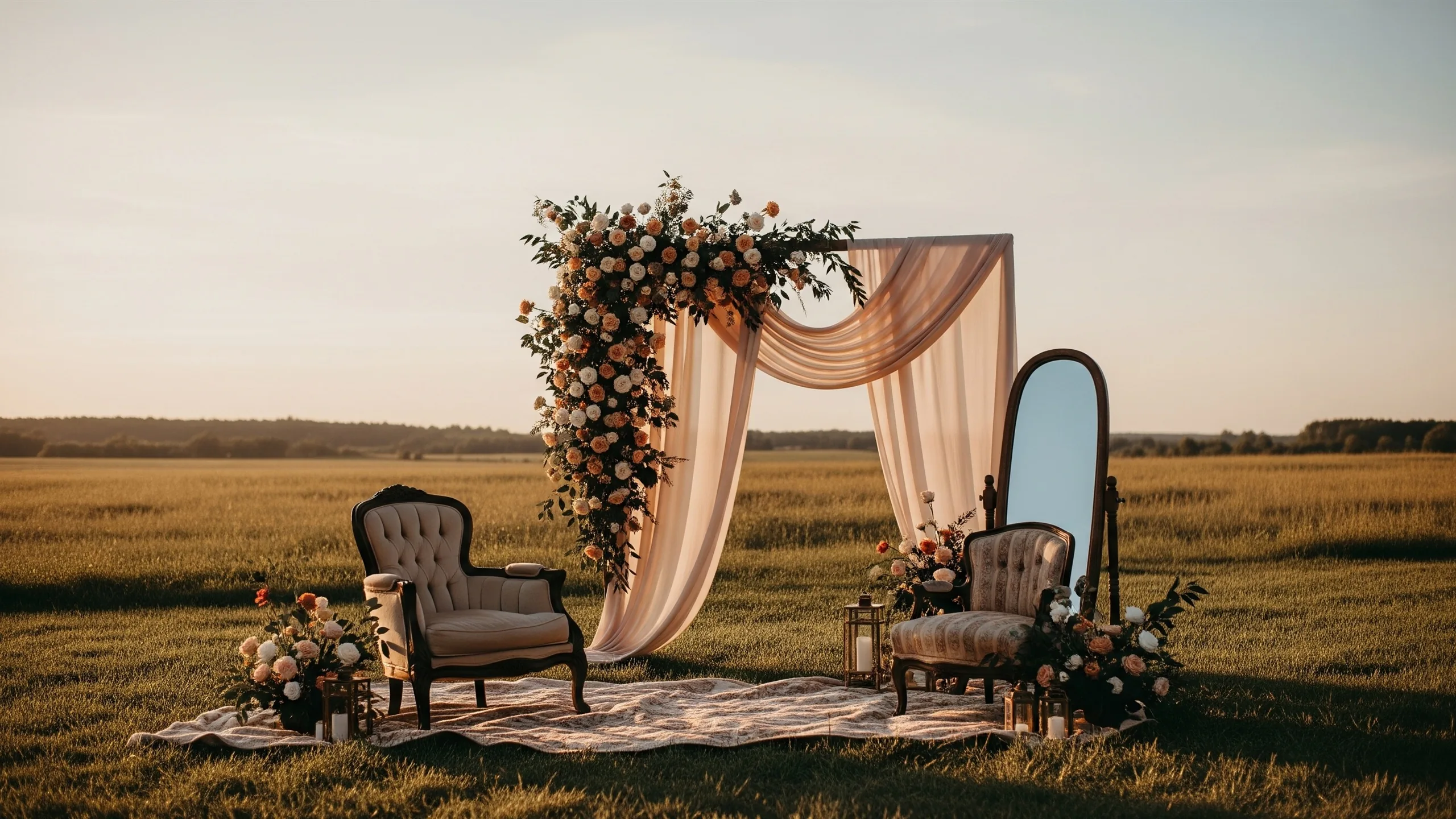 A romantic open-field shoot location with floral installation, draped fabric, styled view