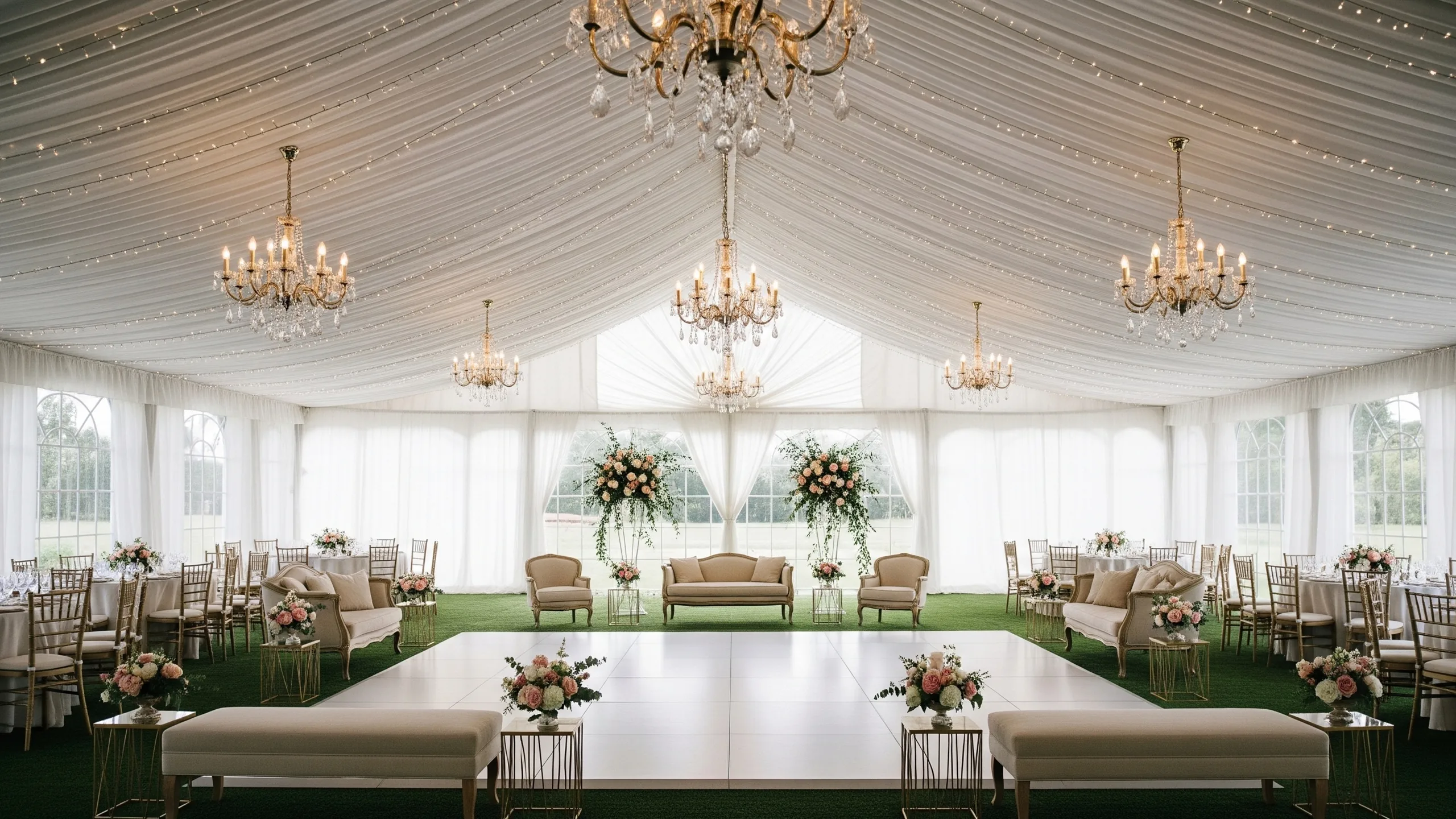 An elegant open dance floor under chandeliers and fairy lights with lounge seating and floral accents, styled view