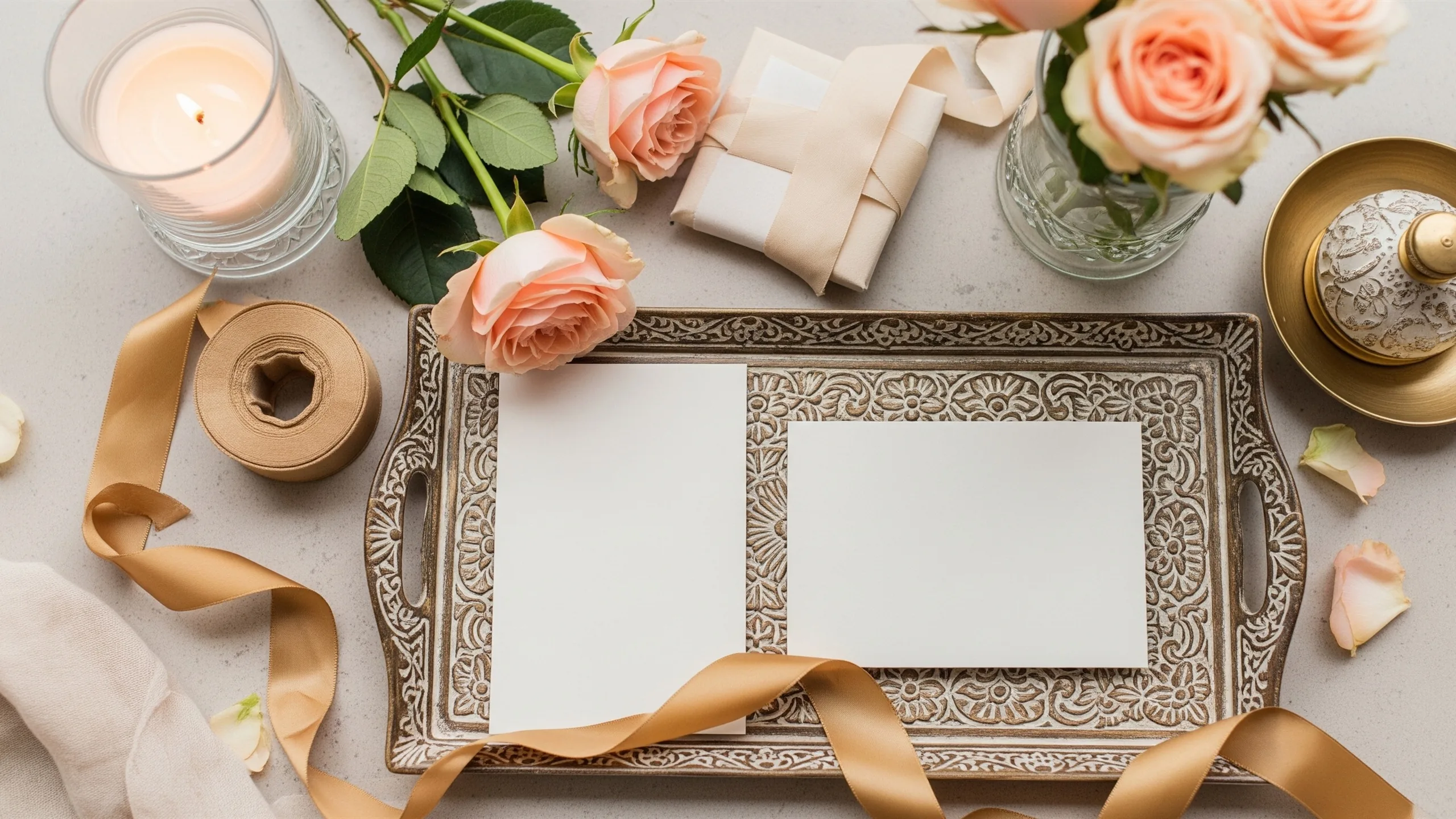 An elegant stationery flat lay with blank cards, gold ribbon, roses and carved tray, premium styling, no readable writing, styled view