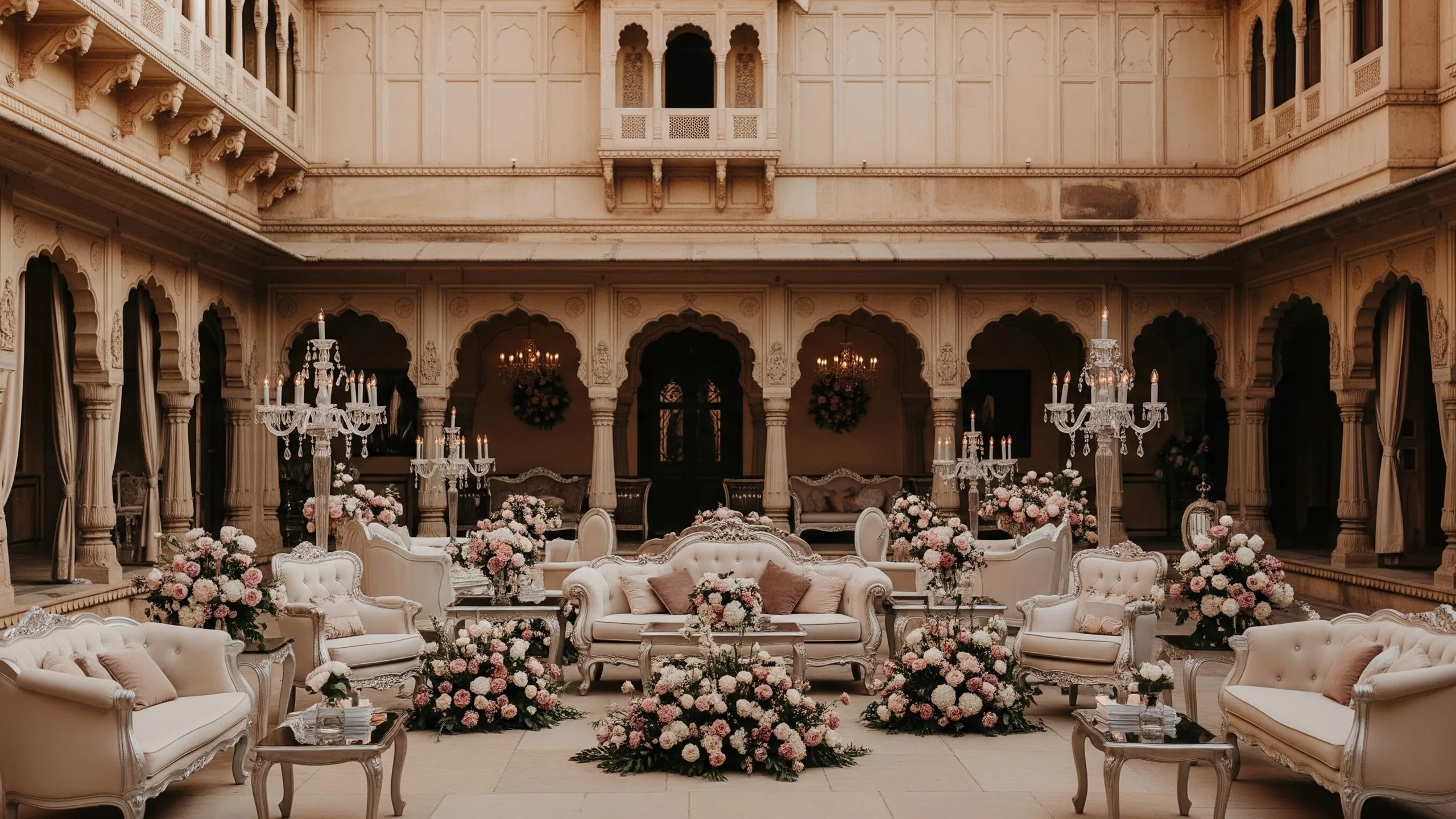 An ornate Udaipur heritage-hotel courtyard set for a wedding in context, arched sandstone architecture, chandeliers, layered floral installations and elegant lounge seating, in context