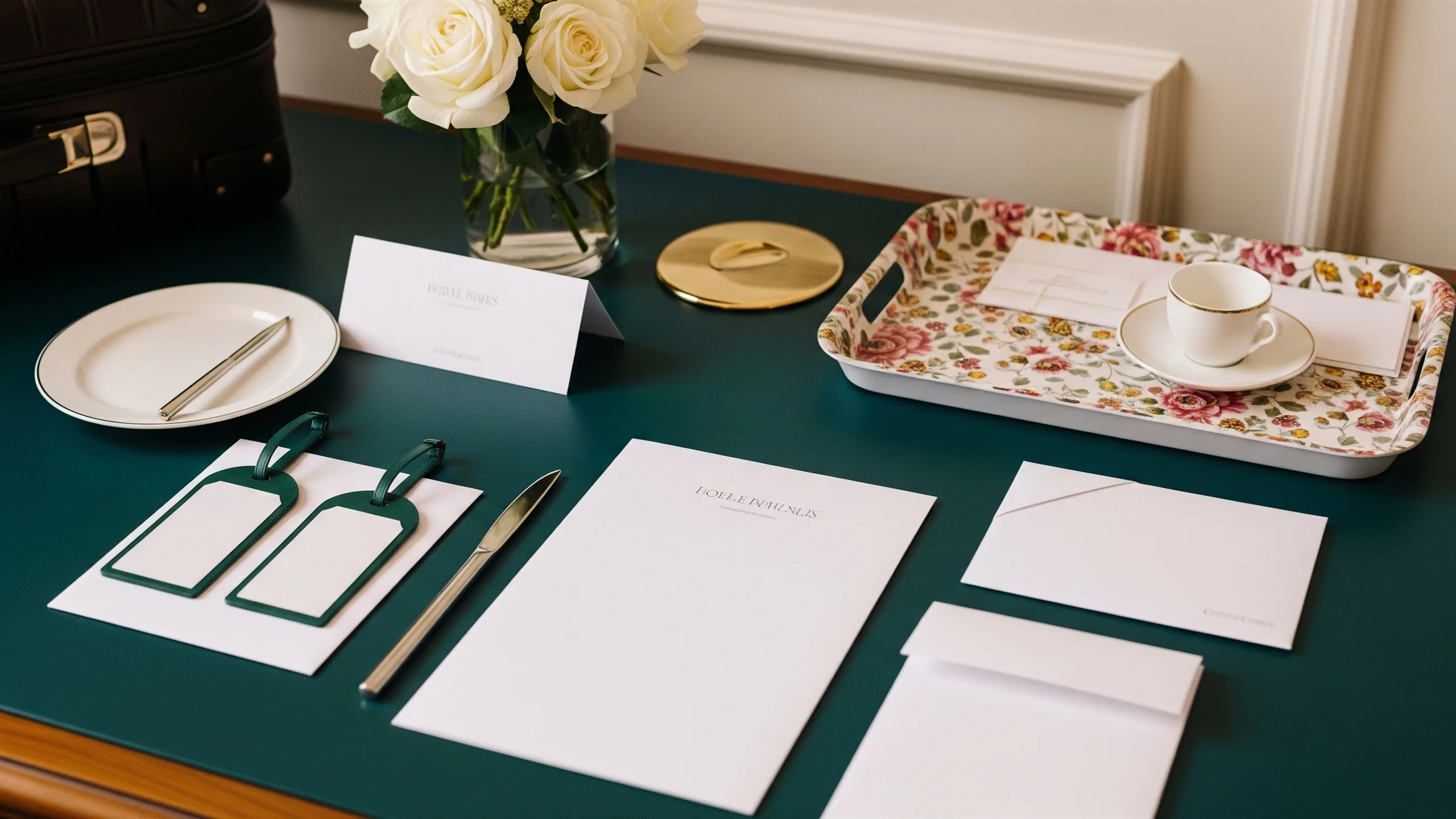 An elegant travel desk with blank luggage tags, premium suitcase, floral tray and hotel stationery turned blank, in context