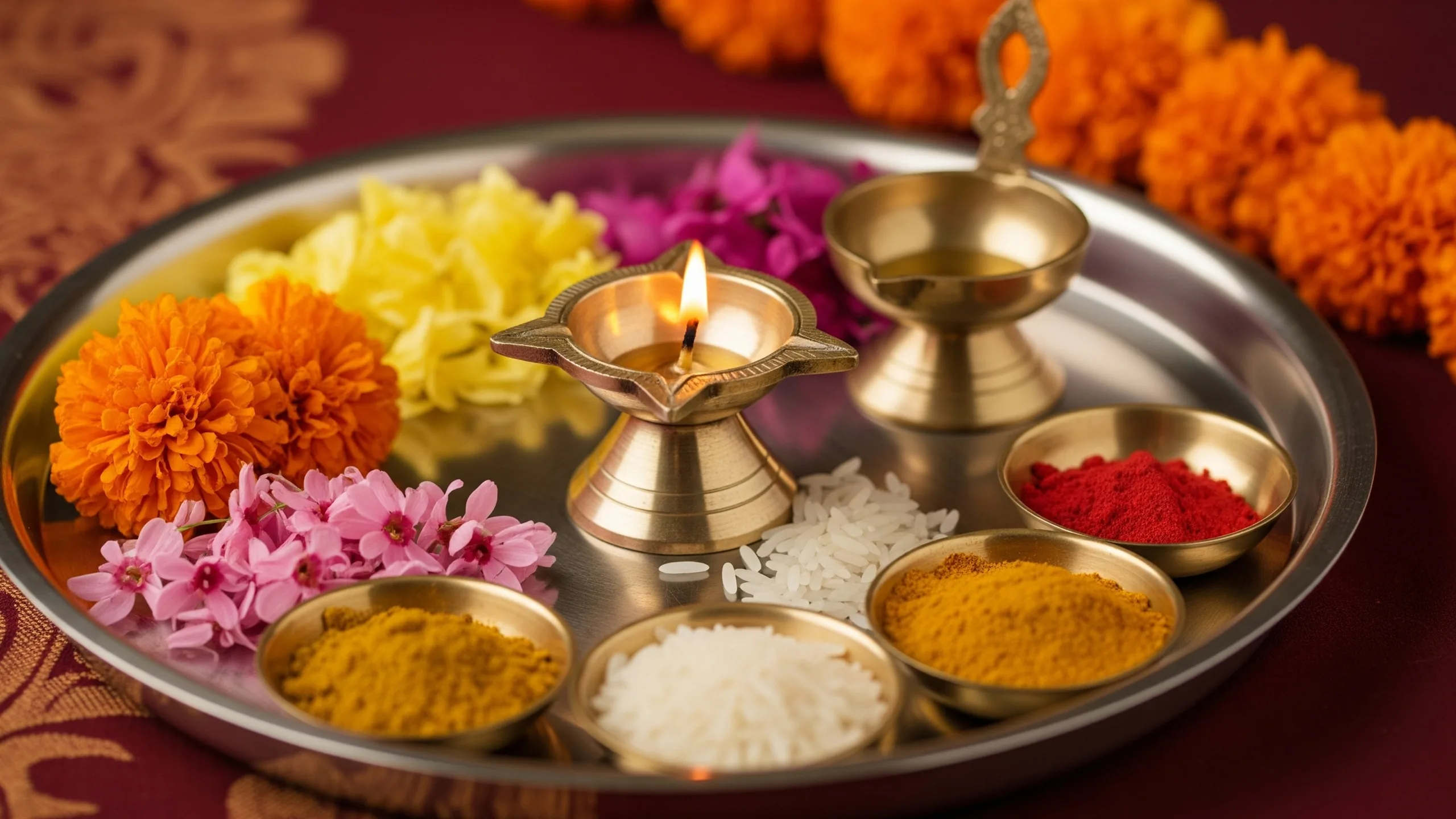 A close detail of puja thali, flowers, rice, turmeric, kumkum and brass diya arranged on rich fabric, no text, close-up detail