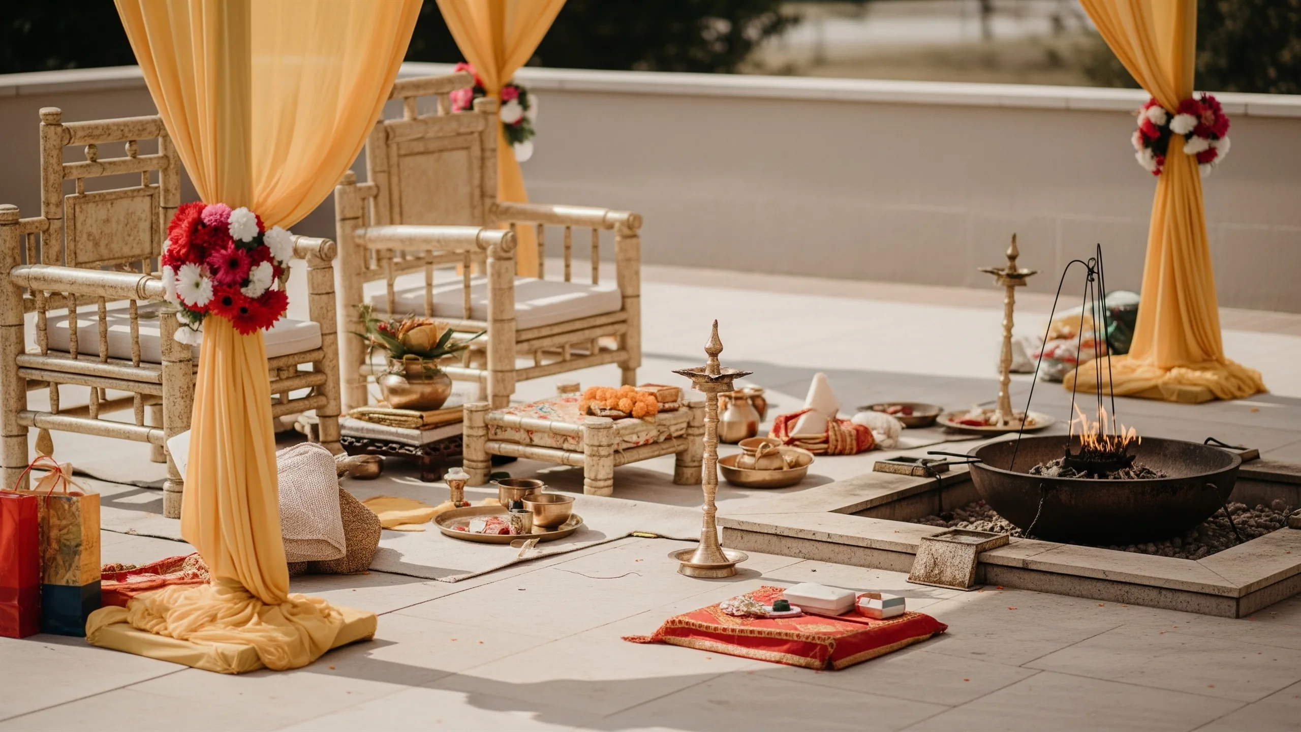 A grand mandap prepared for a Hindu ceremony with puja materials set beside the havan kund, in context