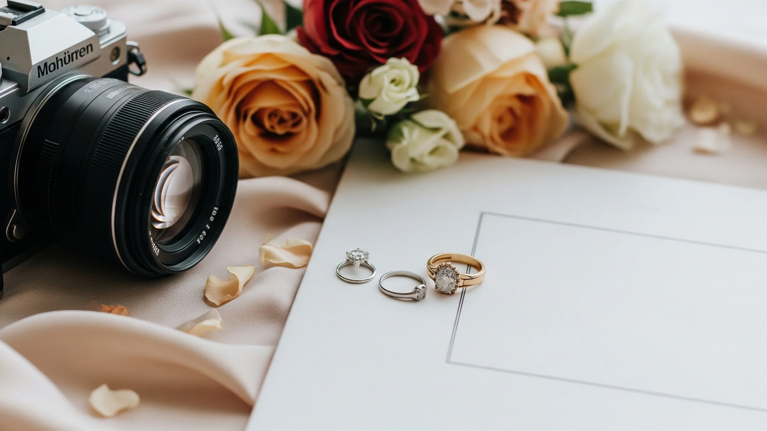 A close detail of camera lens, rings, flowers, silk fabric and blank album cover, no brand marks, close-up detail