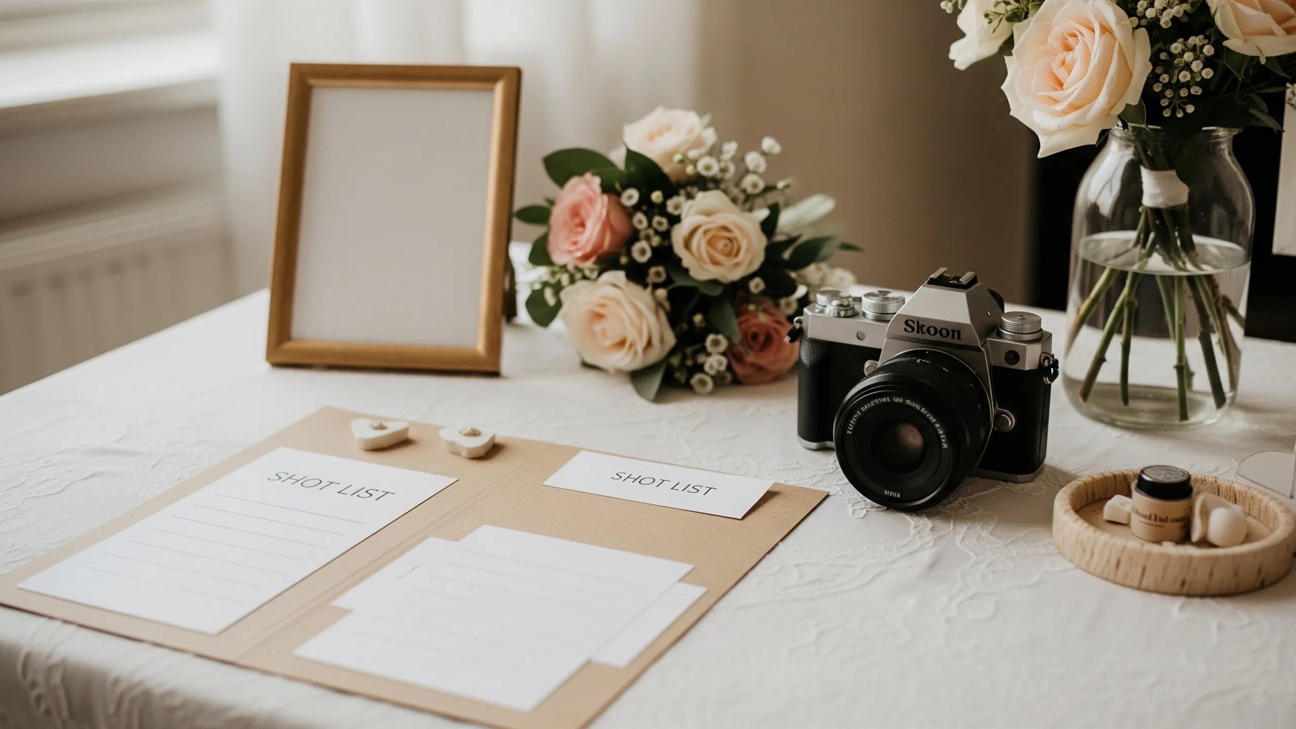 A refined shot-list planning table with blank cards, unbranded camera, flowers and wedding accessories, no readable writing, styled view